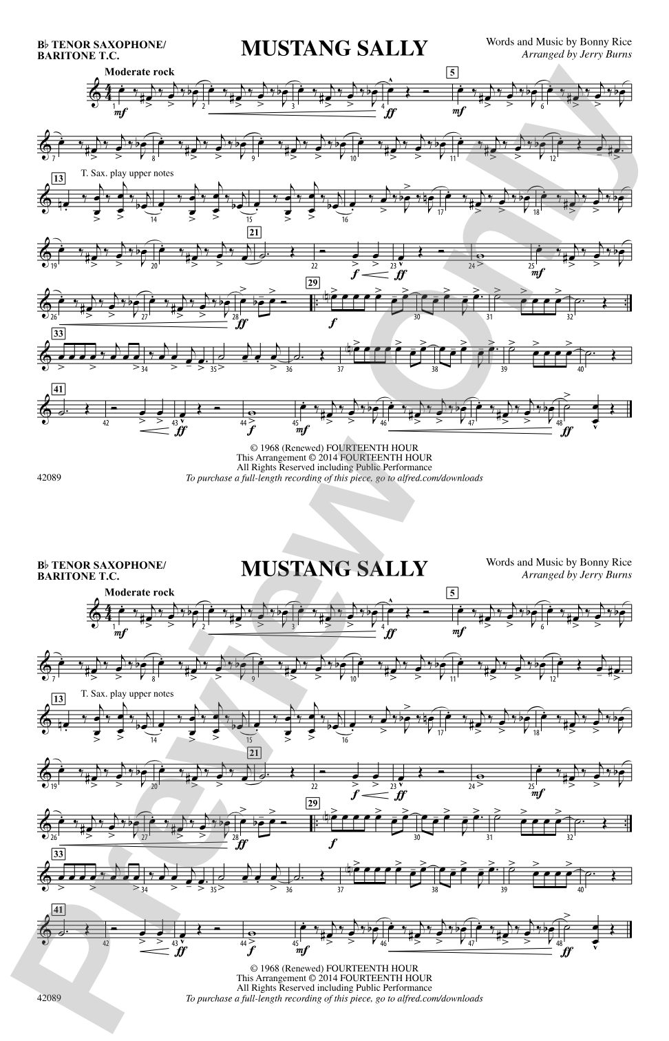 Mustang Sally: Bb Tenor Saxophone/Bartione Treble Clef