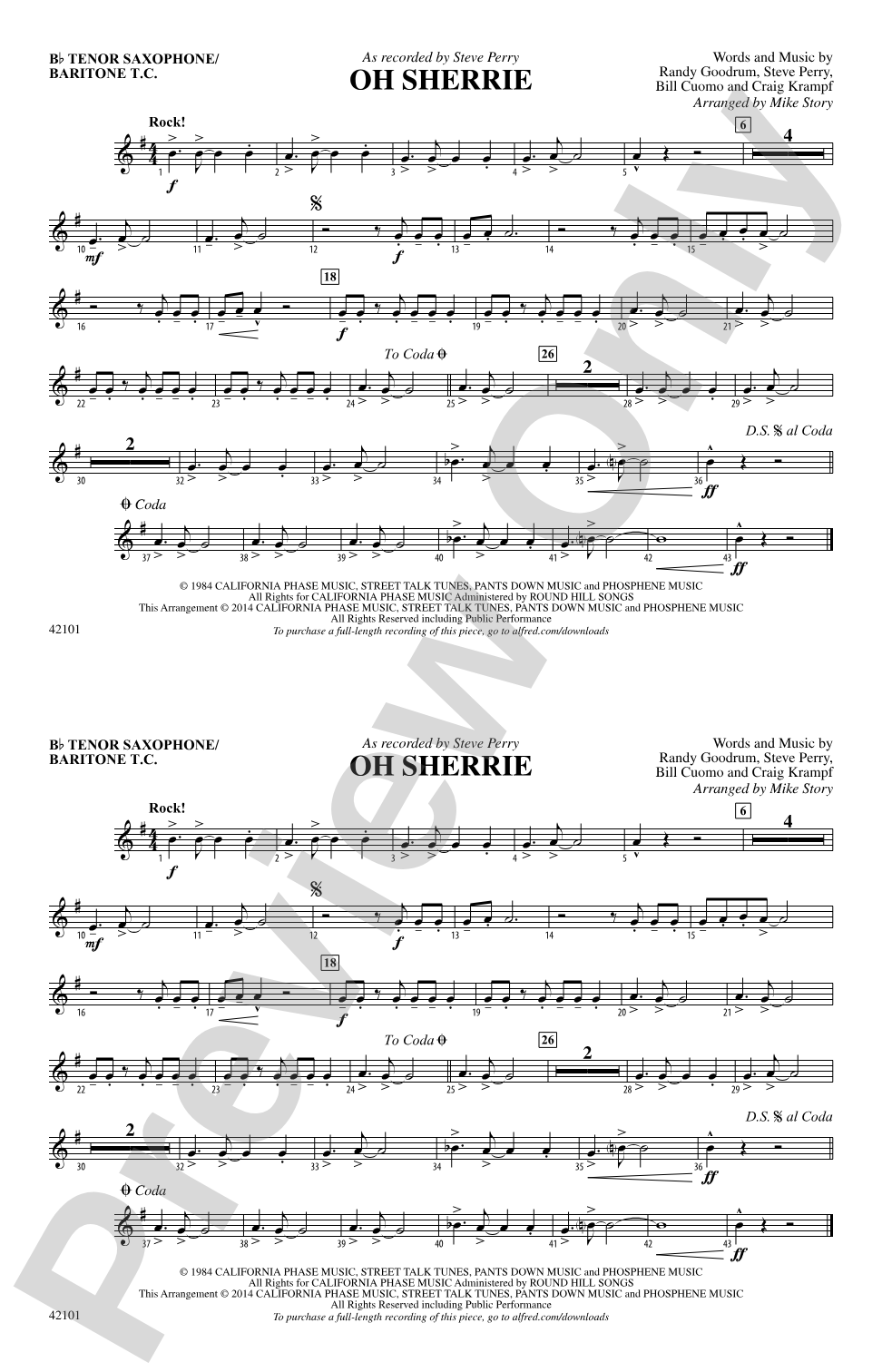 Oh Sherrie: Bb Tenor Saxophone/Bartione Treble Clef