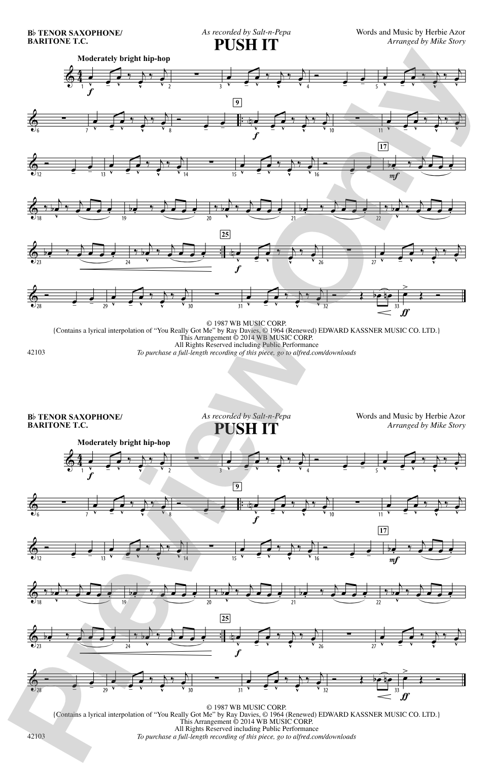 Push It: Bb Tenor Saxophone/Bartione Treble Clef