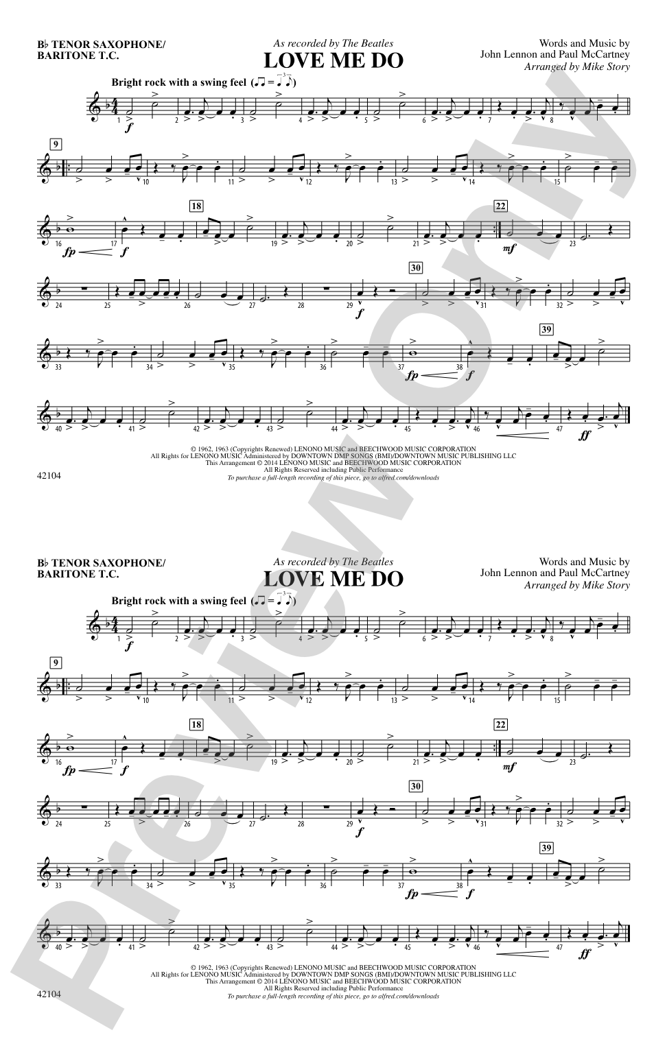 Love Me Do: Bb Tenor Saxophone/Bartione Treble Clef