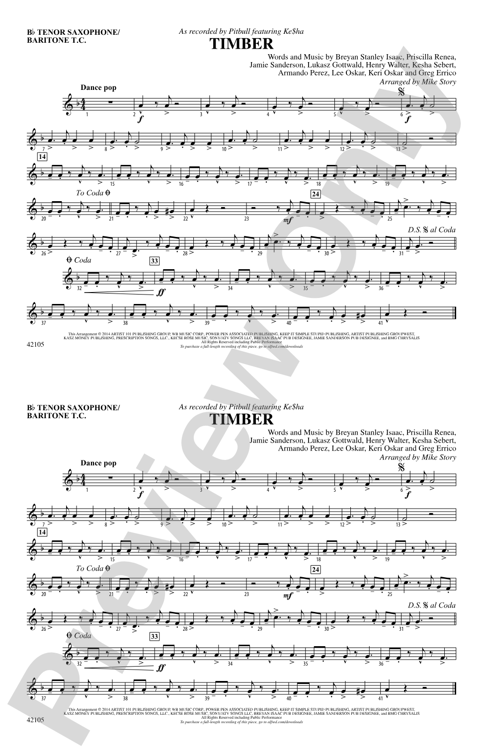 Timber: Bb Tenor Saxophone/Bartione Treble Clef