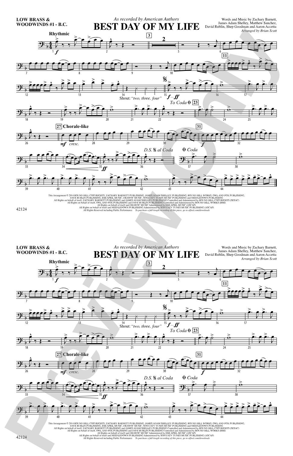 Best Day of My Life: Low Brass & Woodwinds #1 - Bass Clef