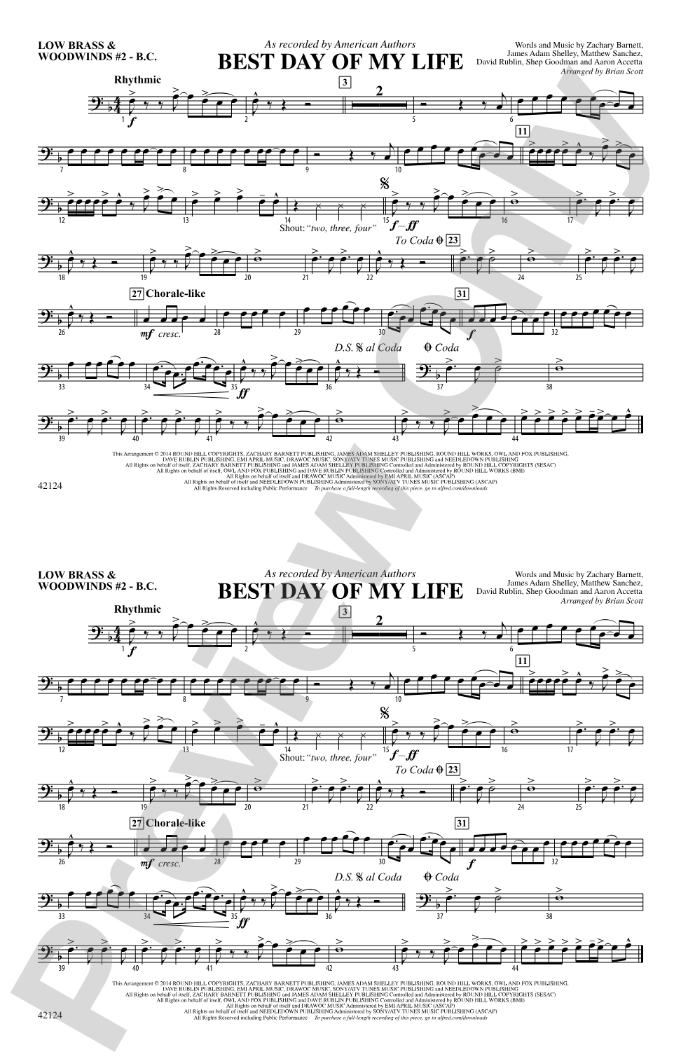 Best Day of My Life: Low Brass & Woodwinds #2 - Bass Clef