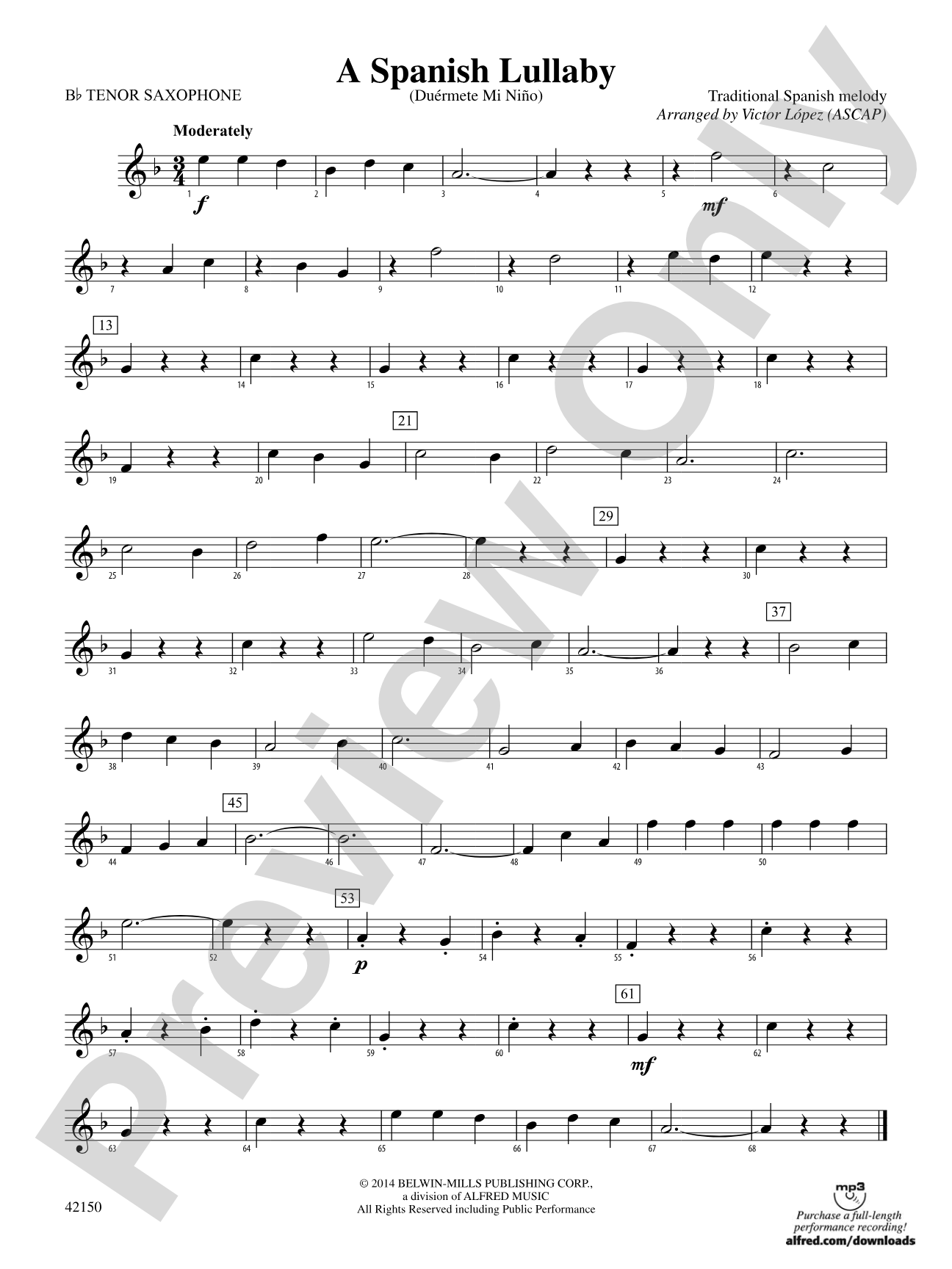A Spanish Lullaby: B-flat Tenor Saxophone