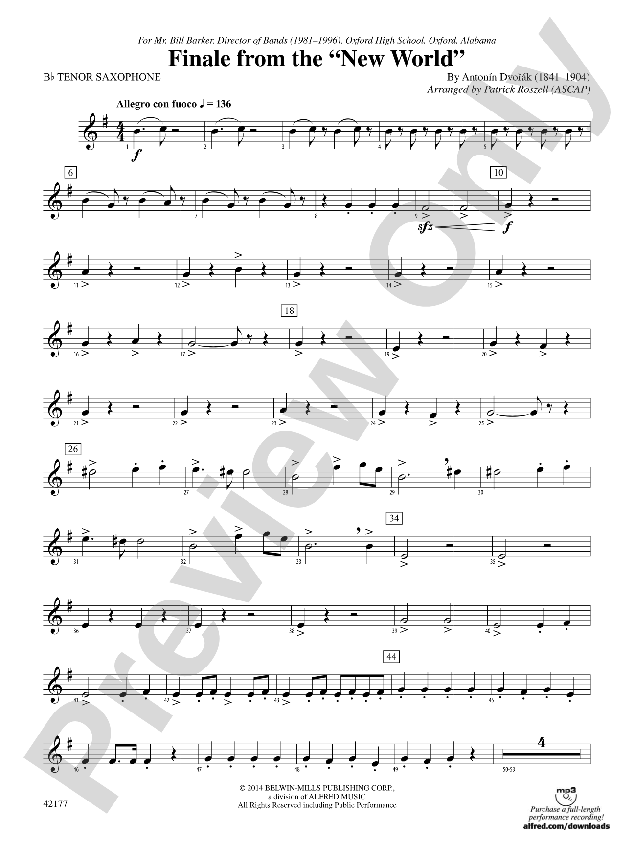 "The New World," Finale from: B-flat Tenor Saxophone