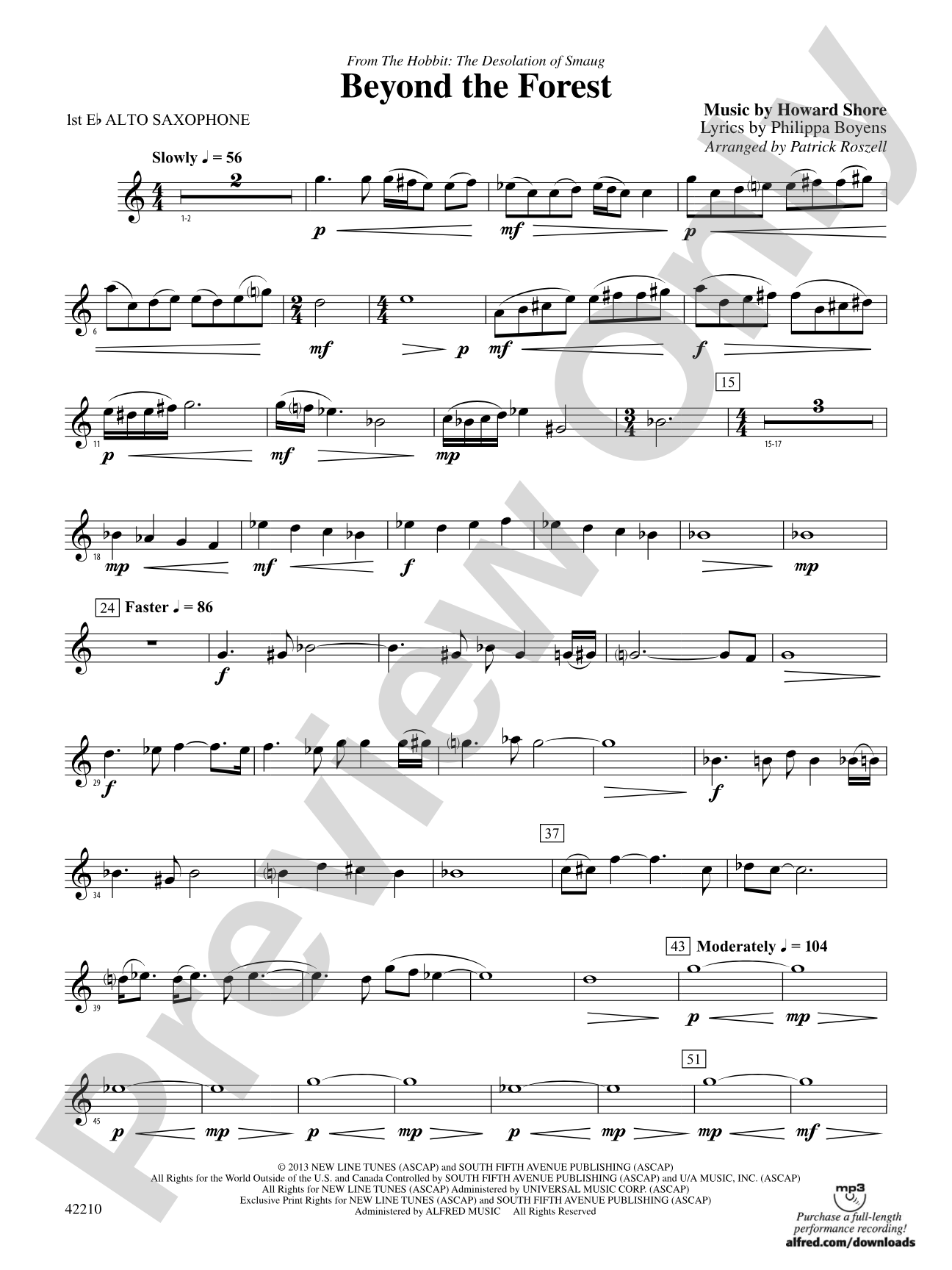 Beyond the Forest (from The Hobbit: The Desolation of Smaug): E-flat Alto Saxophone