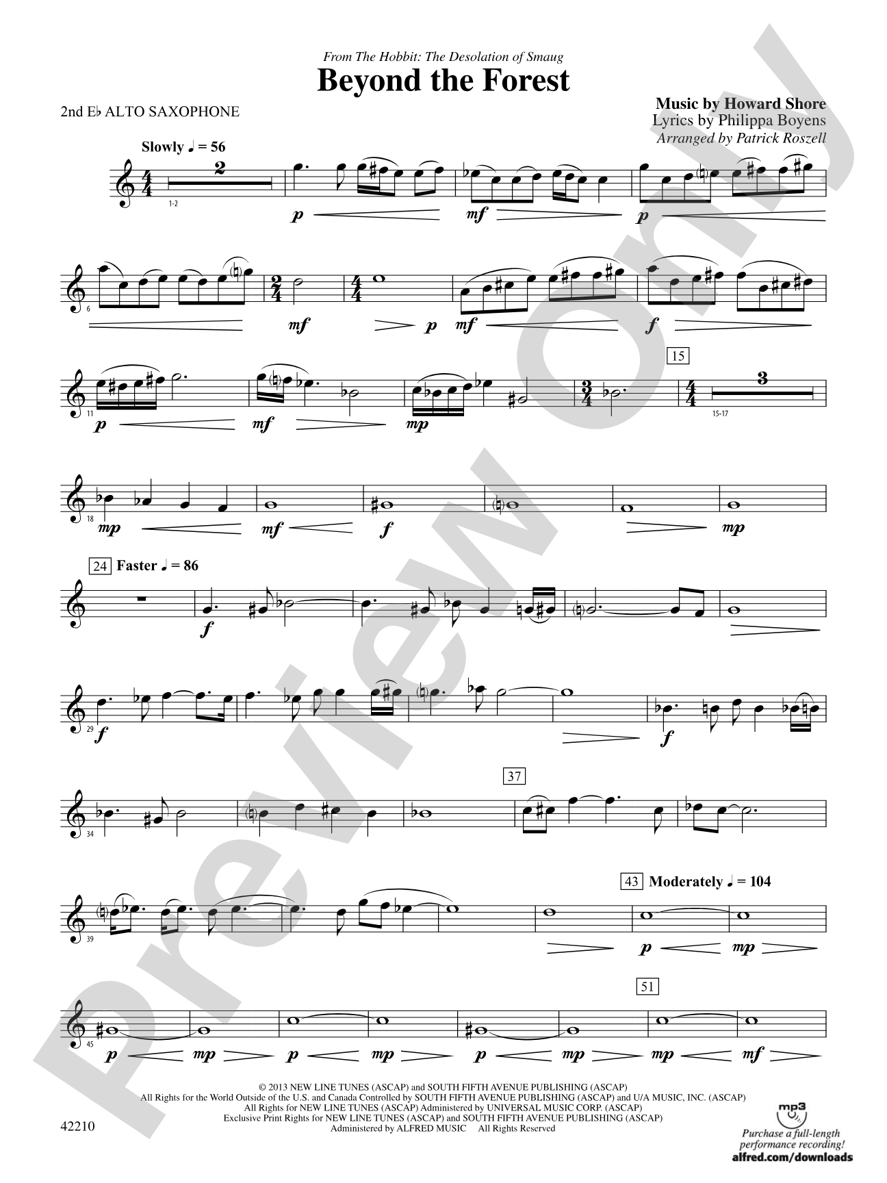 Beyond the Forest (from The Hobbit: The Desolation of Smaug): 2nd E-flat Alto Saxophone