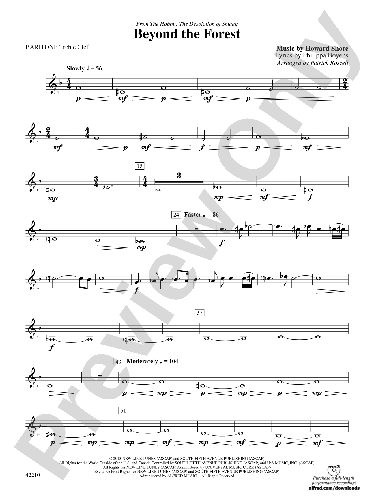 Beyond the Forest (from The Hobbit: The Desolation of Smaug): Baritone T.C.