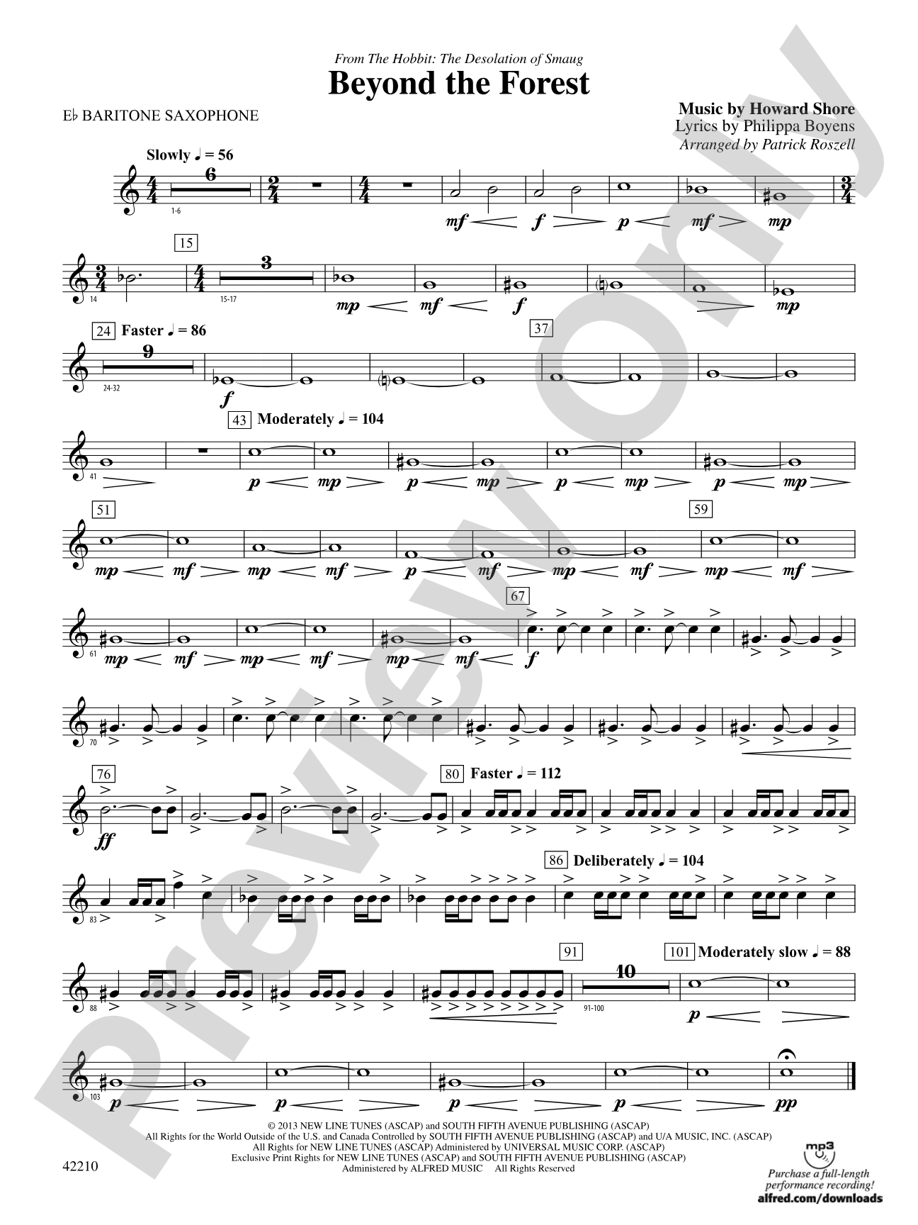 Beyond the Forest (from The Hobbit: The Desolation of Smaug): E-flat Baritone Saxophone