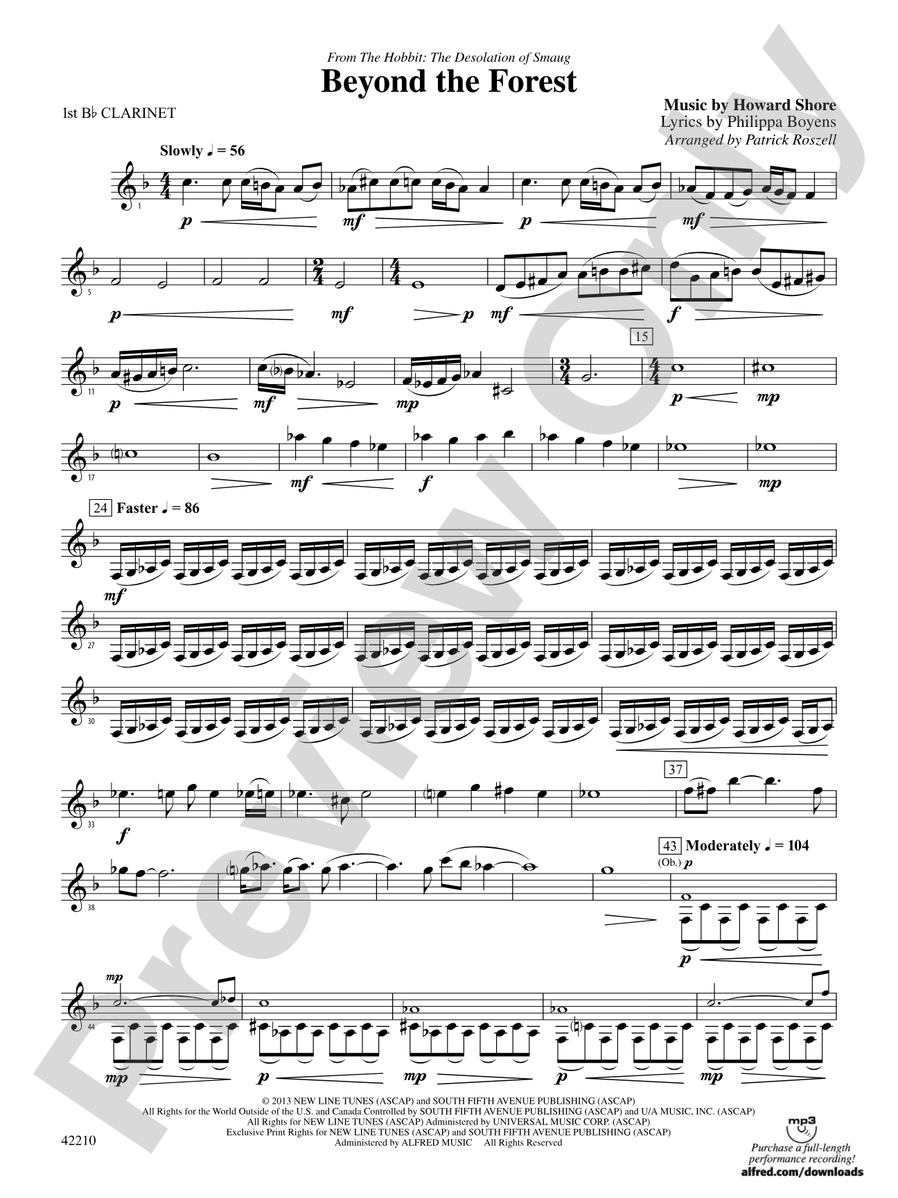 Beyond the Forest (from The Hobbit: The Desolation of Smaug): 1st B-flat Clarinet