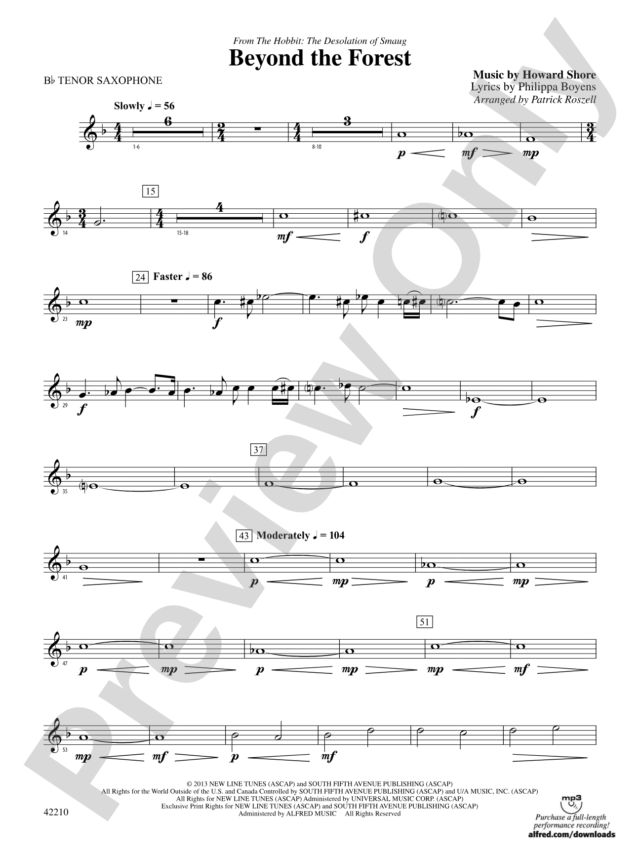 Beyond the Forest (from The Hobbit: The Desolation of Smaug): B-flat Tenor Saxophone