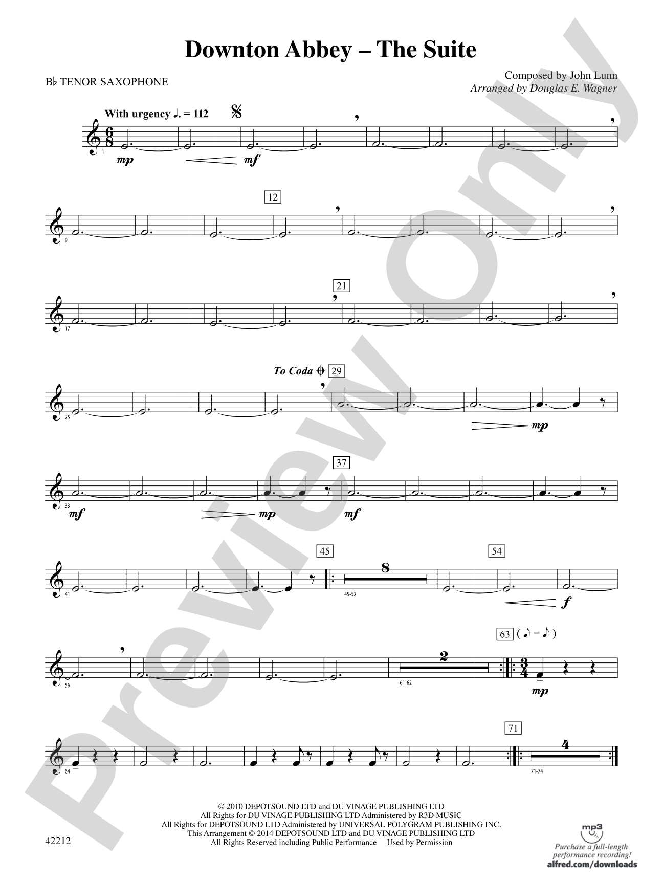 Downton Abbey -- The Suite: B-flat Tenor Saxophone