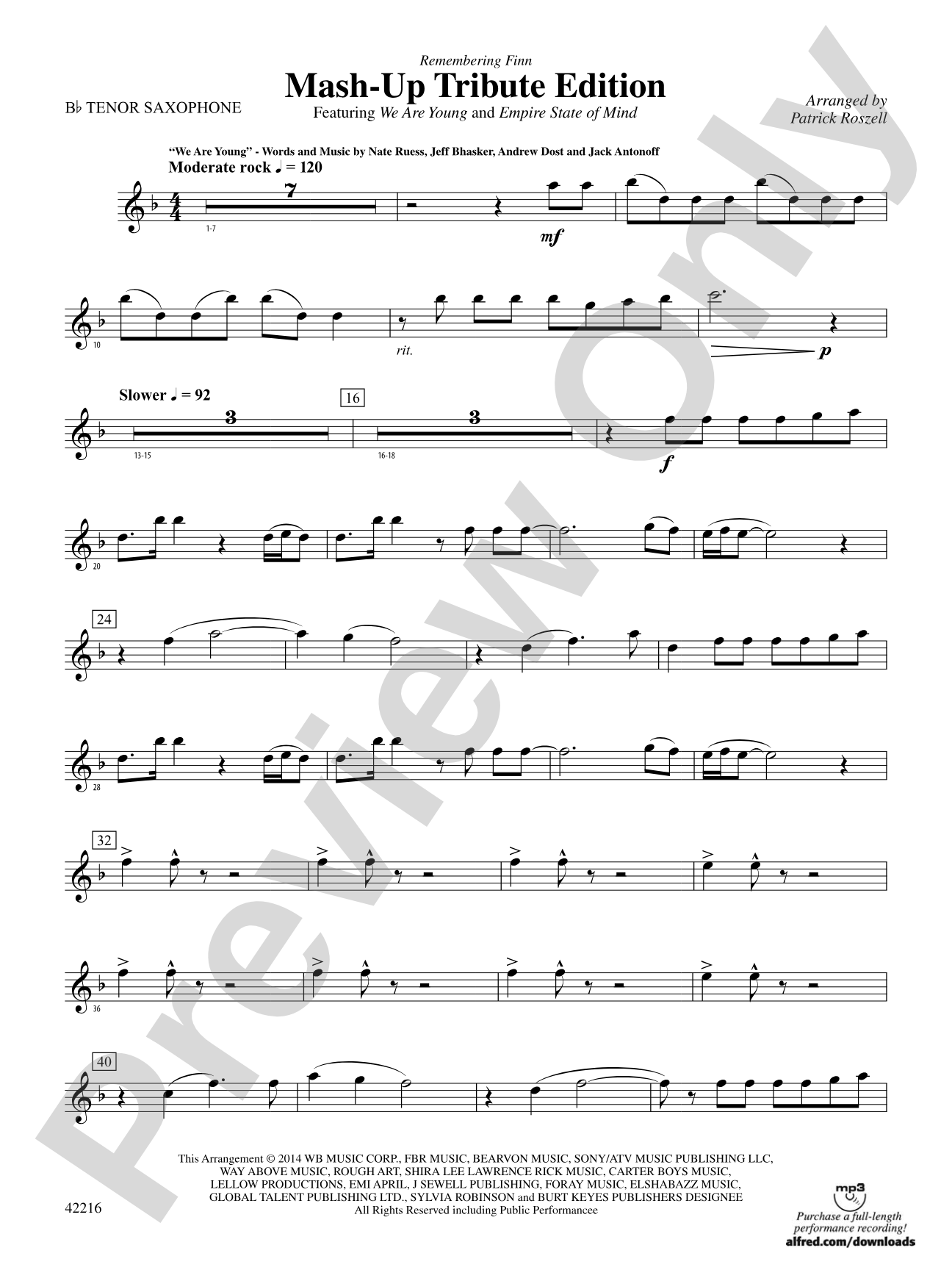 Mash-Up---Tribute Edition (Remembering Finn) (as featured on Glee): B-flat Tenor Saxophone