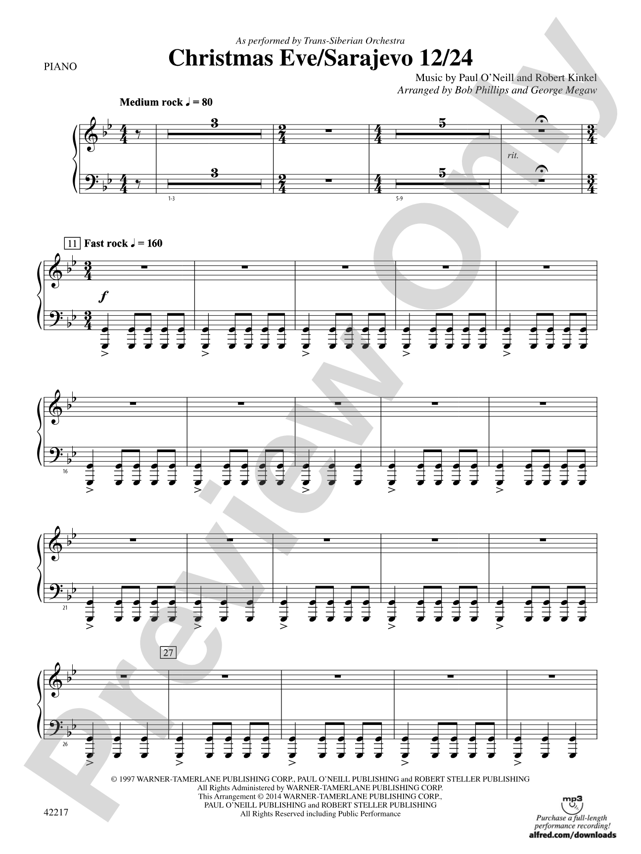 Christmas Eve/Sarajevo 12/24: Piano Accompaniment