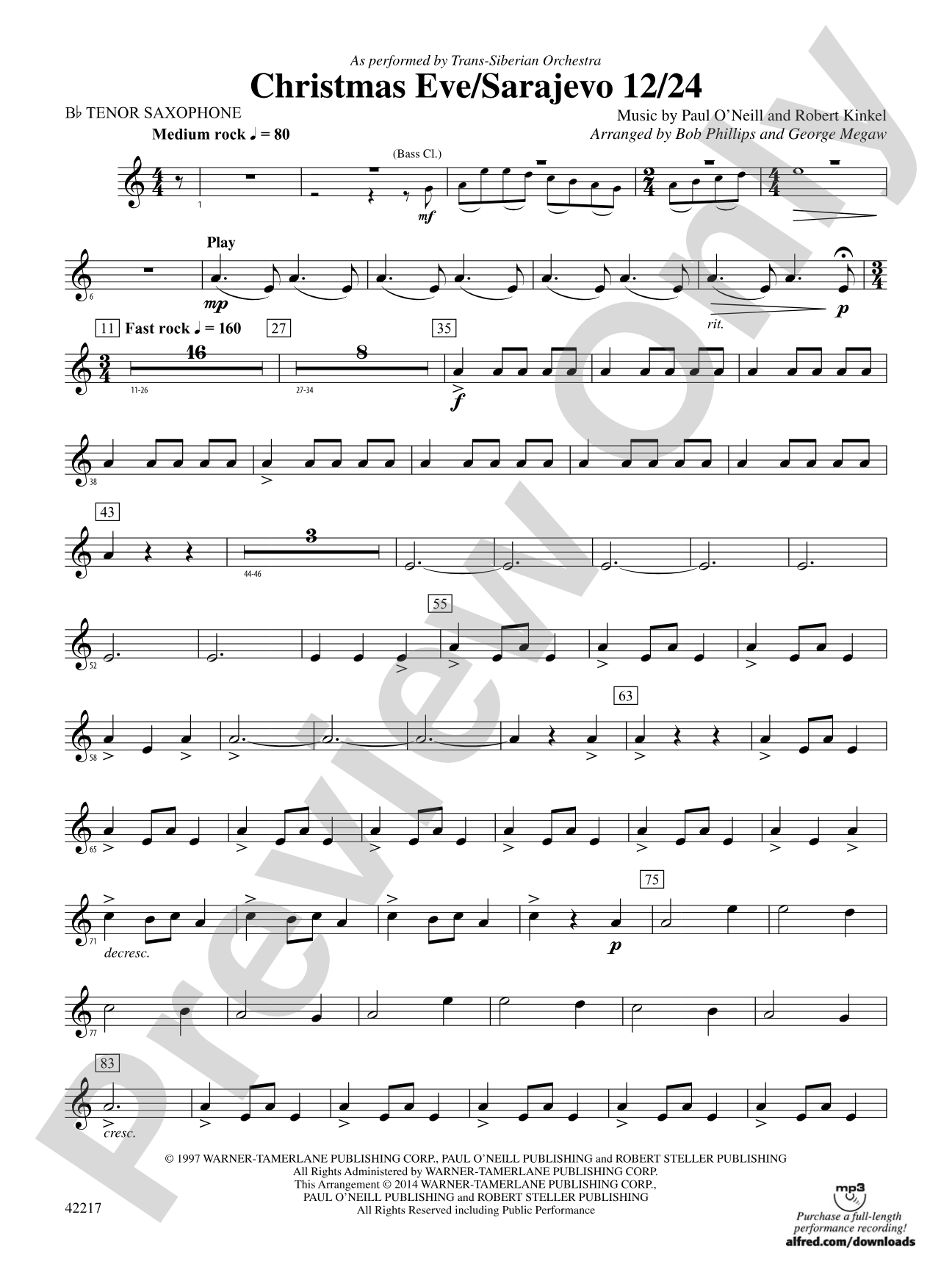 Christmas Eve/Sarajevo 12/24: B-flat Tenor Saxophone