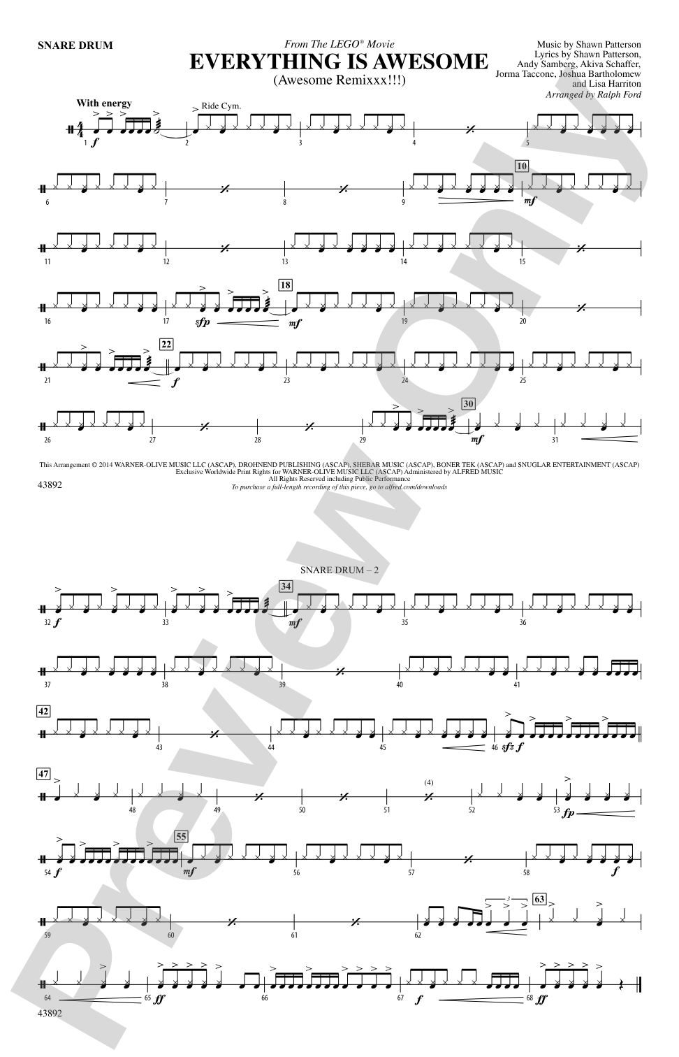 Everything Is Awesome (from The Lego® Movie): Snare Drum