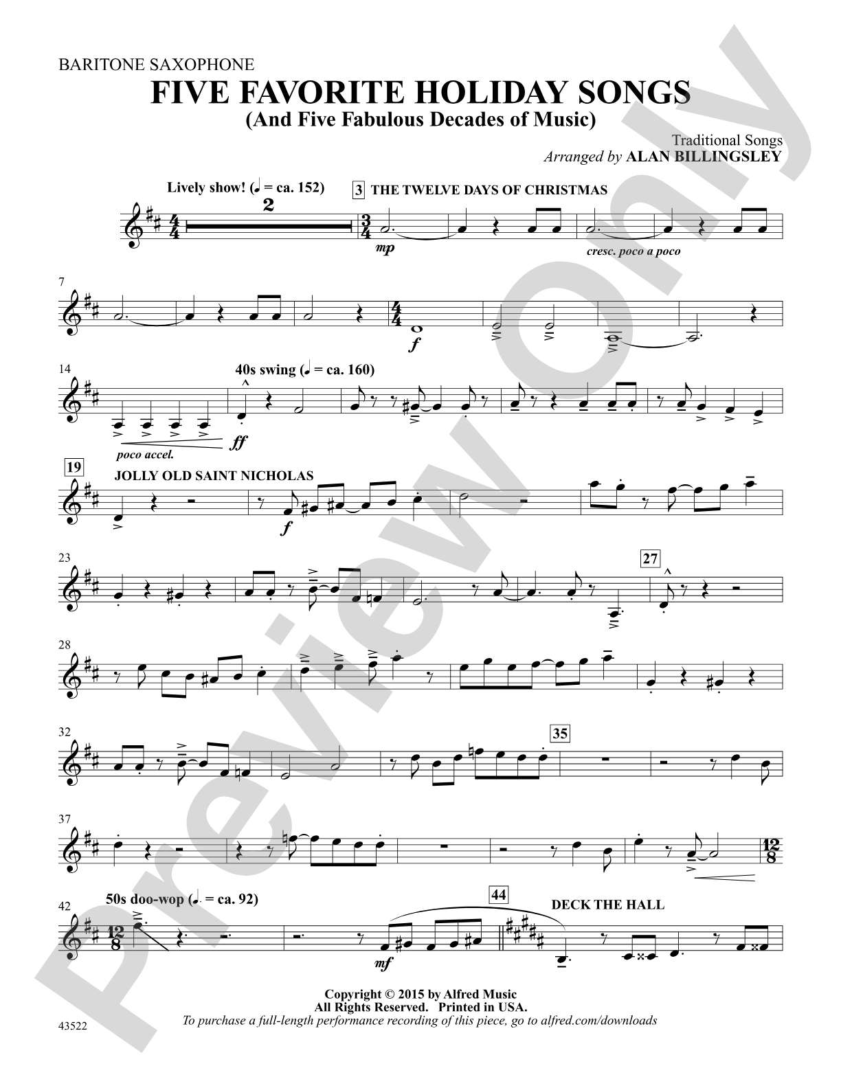 Five Favorite Holiday Songs: Baritone Saxophone: Choral Octavo Digital SoundPax