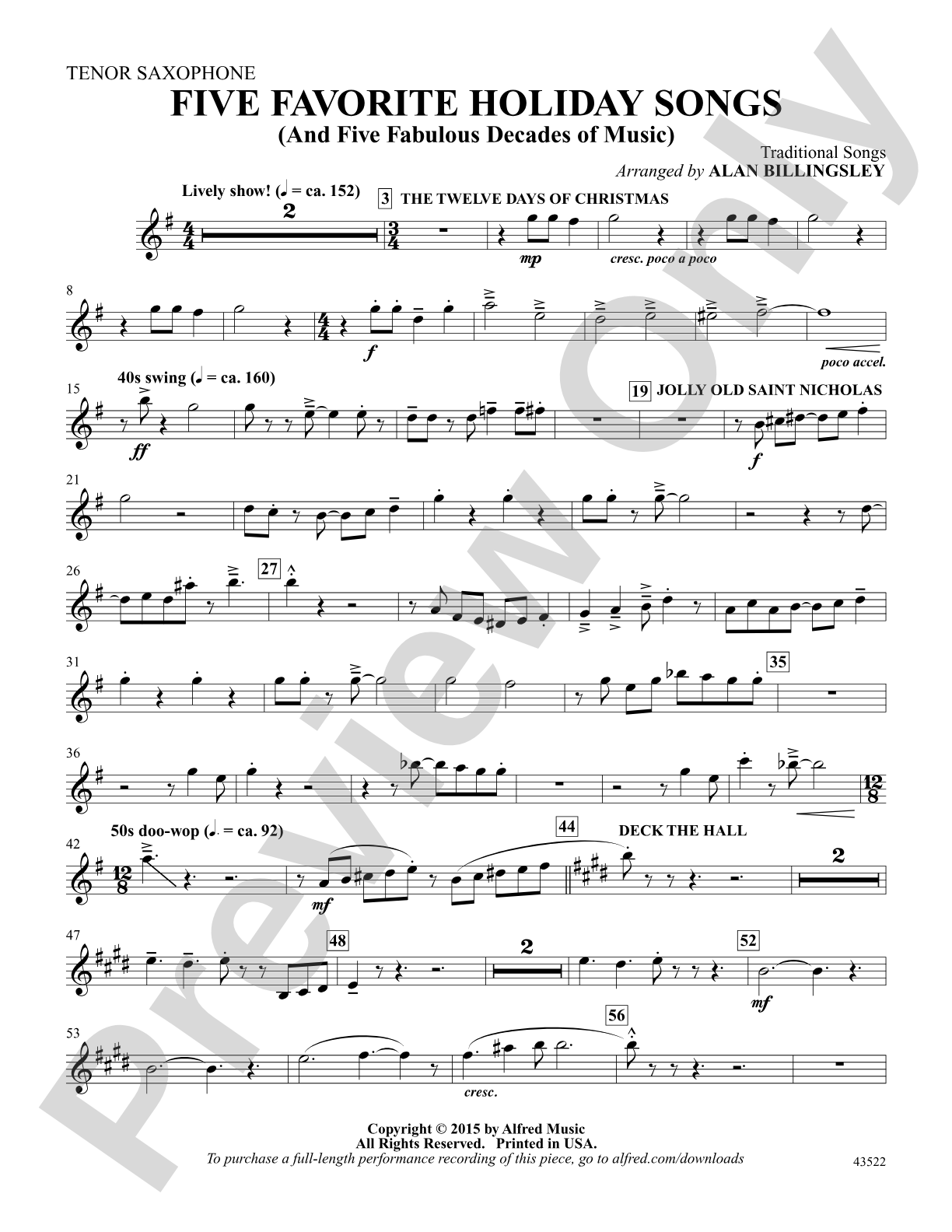 Five Favorite Holiday Songs: Tenor Saxophone: Choral Octavo Digital SoundPax