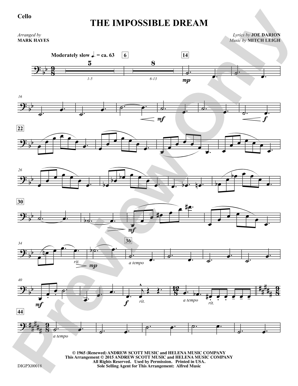 The Impossible Dream: Cello: Choral Octavo Digital SoundPax