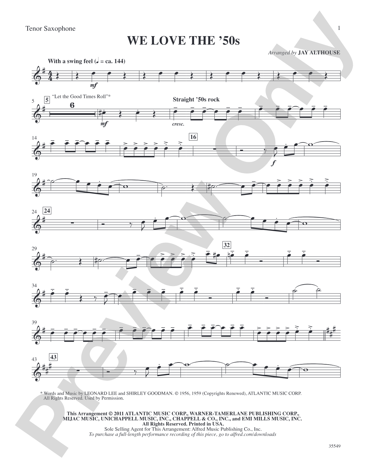 We Love the '50s: B-flat Tenor Saxophone: Choral SoundPax