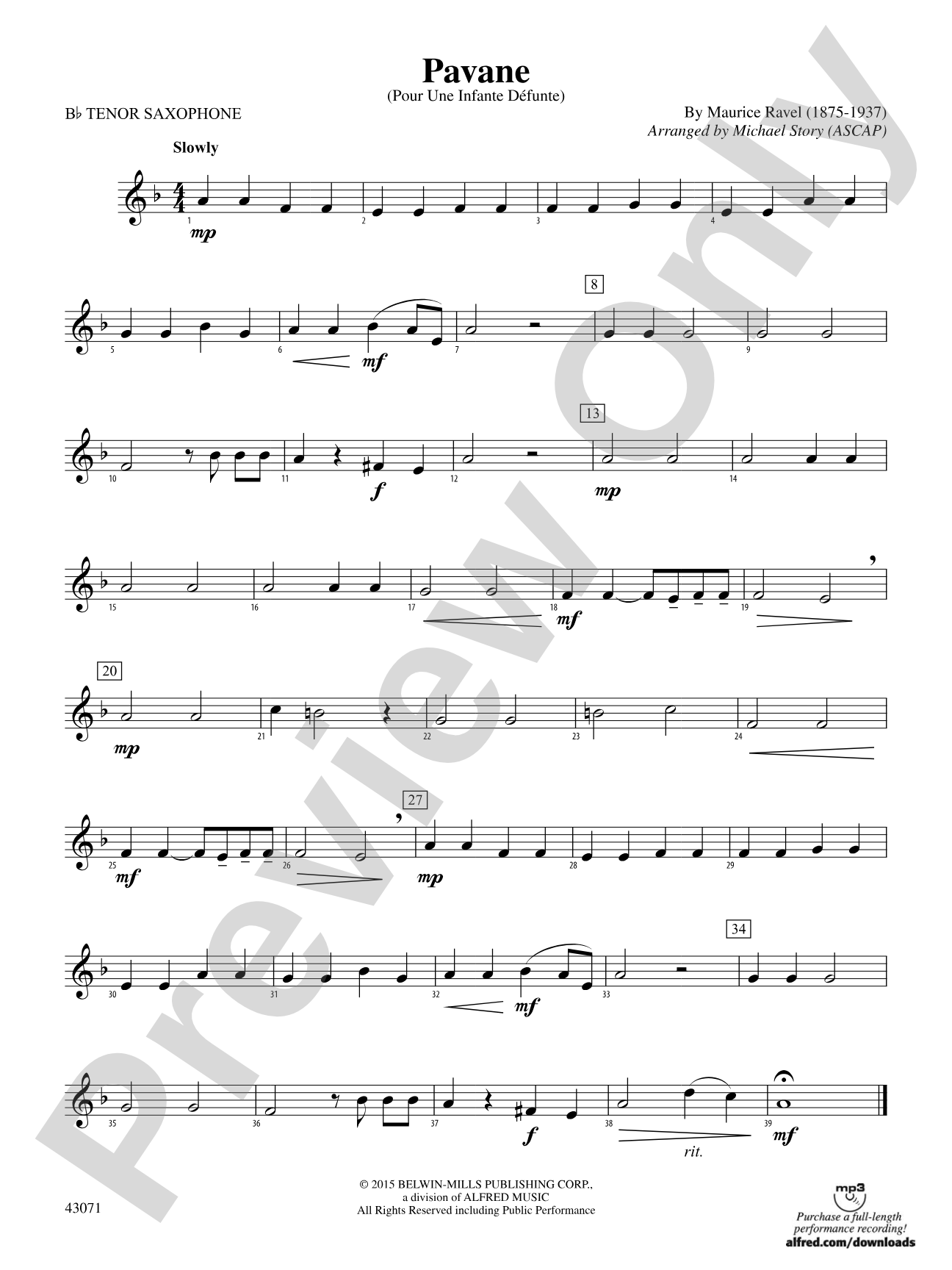 Pavane: B-flat Tenor Saxophone