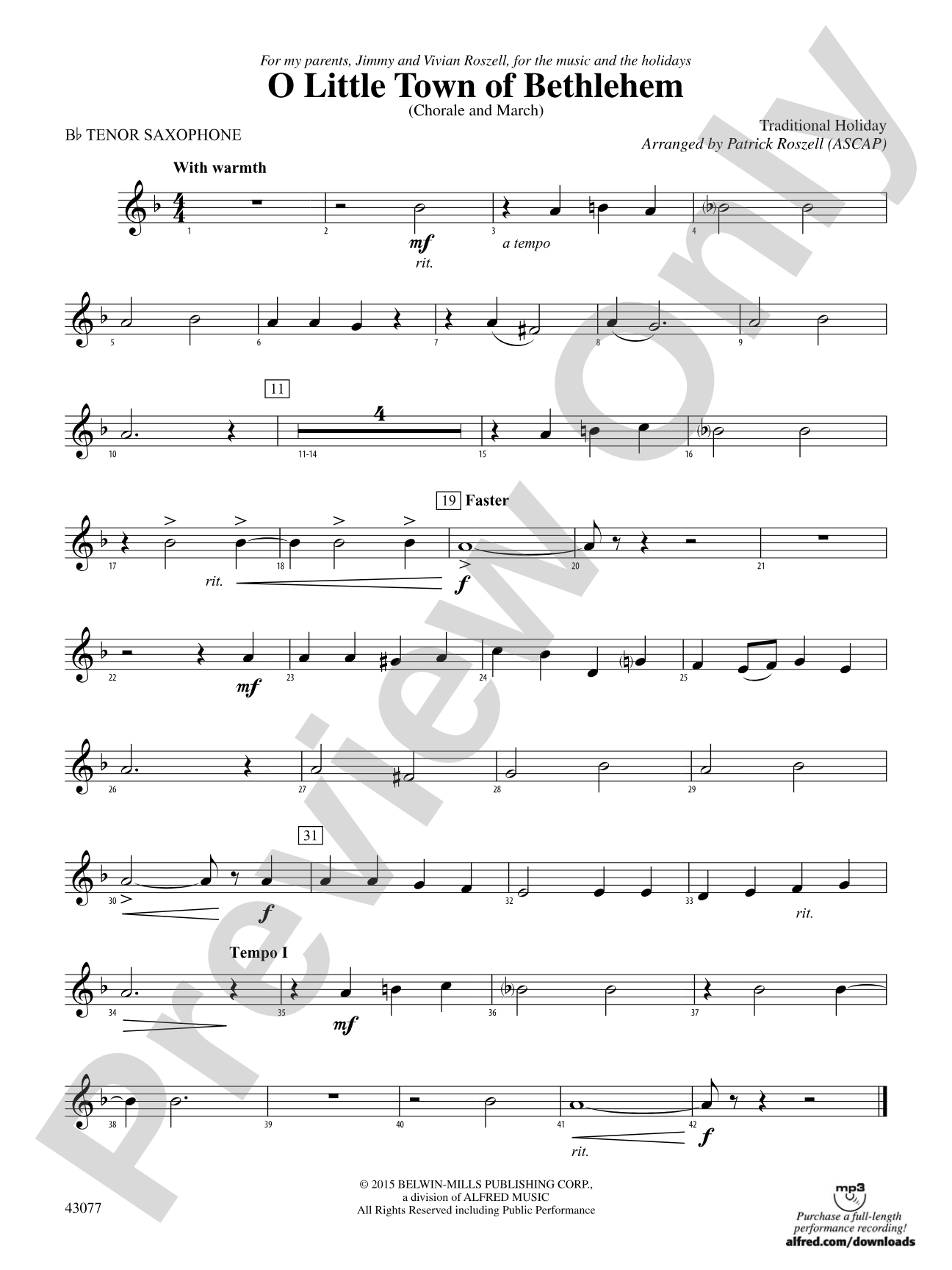 O Little Town of Bethlehem: B-flat Tenor Saxophone