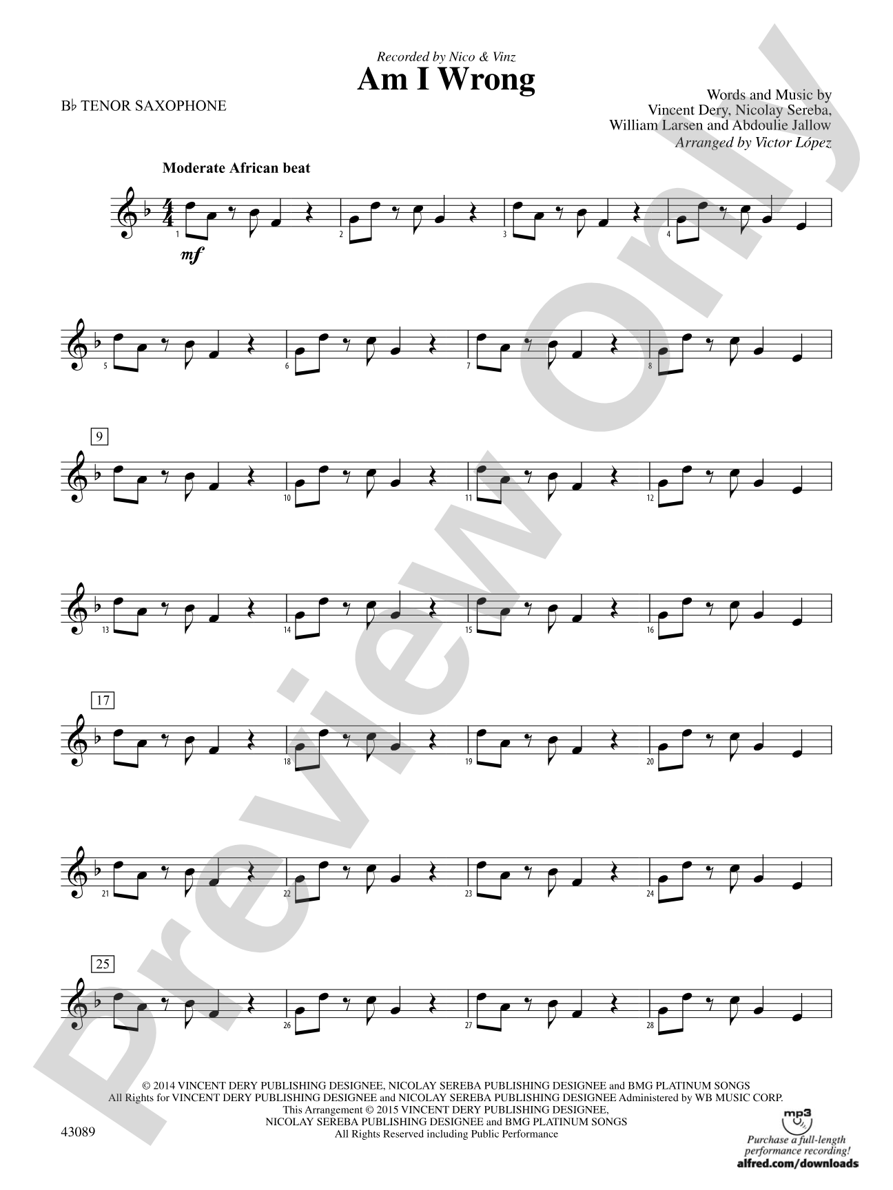 Am I Wrong: B-flat Tenor Saxophone