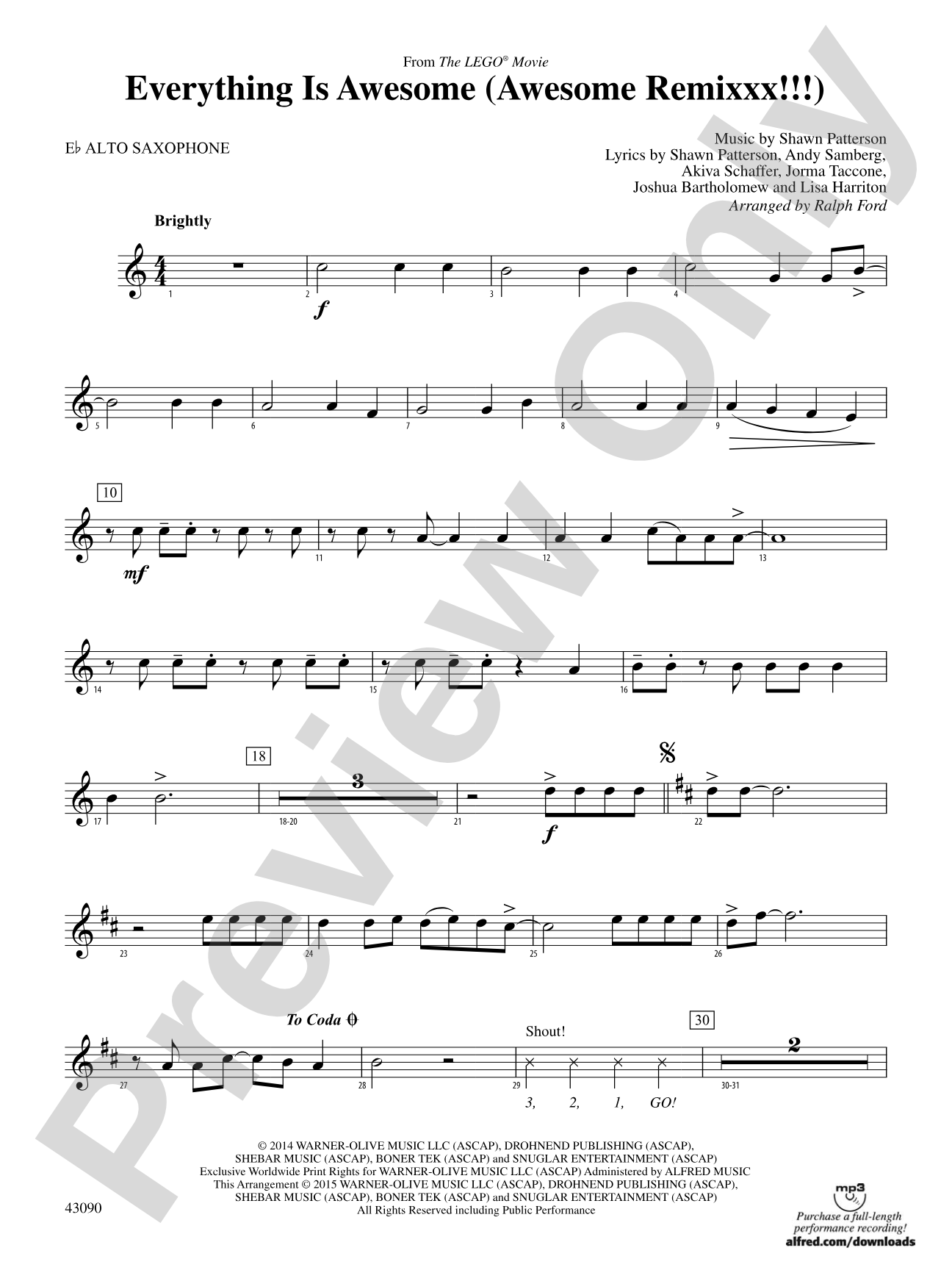 Everything Is Awesome (Awesome Remixxx!!!) (from The Lego® Movie): E-flat Alto Saxophone