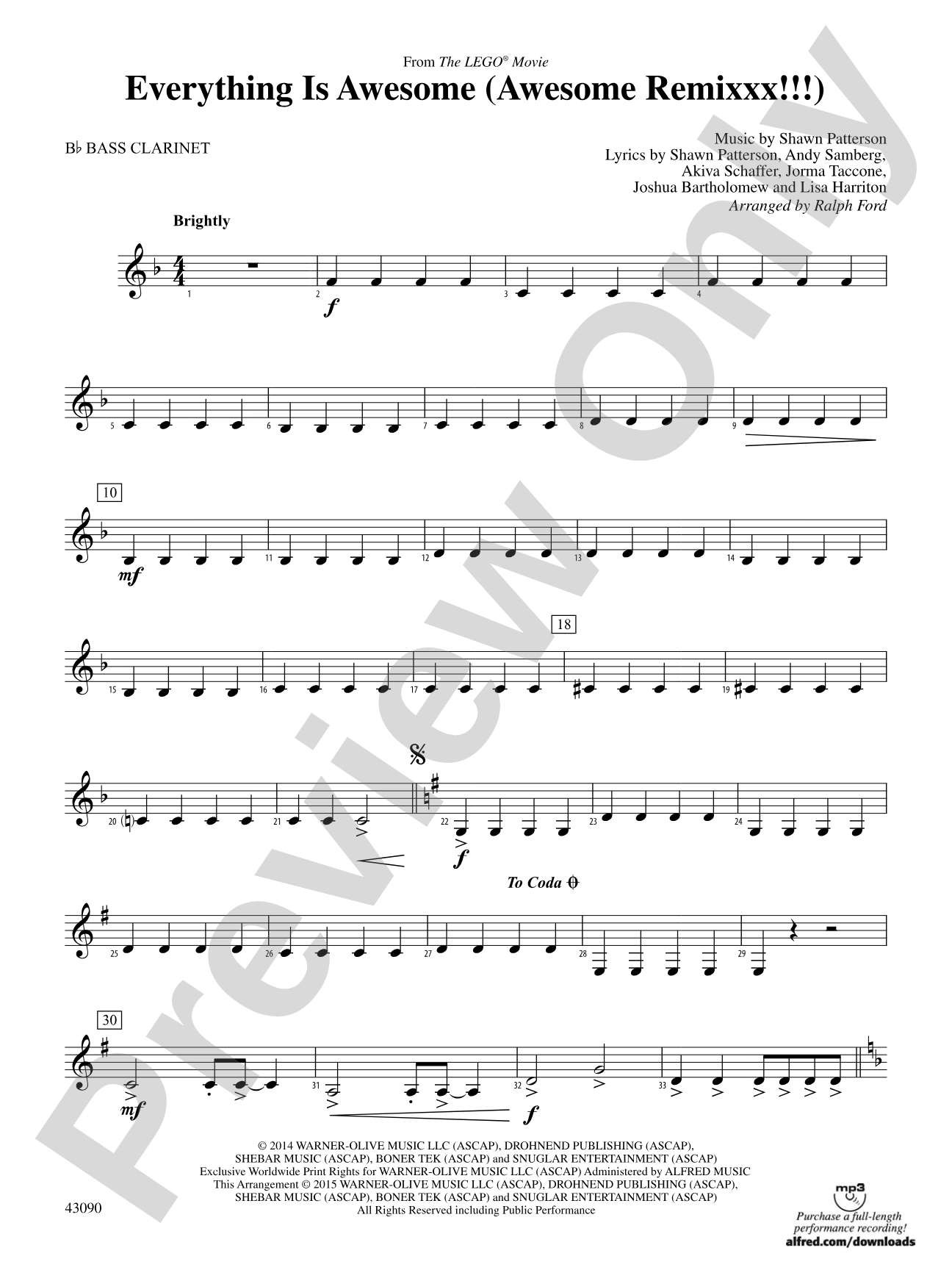 Everything Is Awesome (Awesome Remixxx!!!) (from The Lego® Movie): B-flat Bass Clarinet