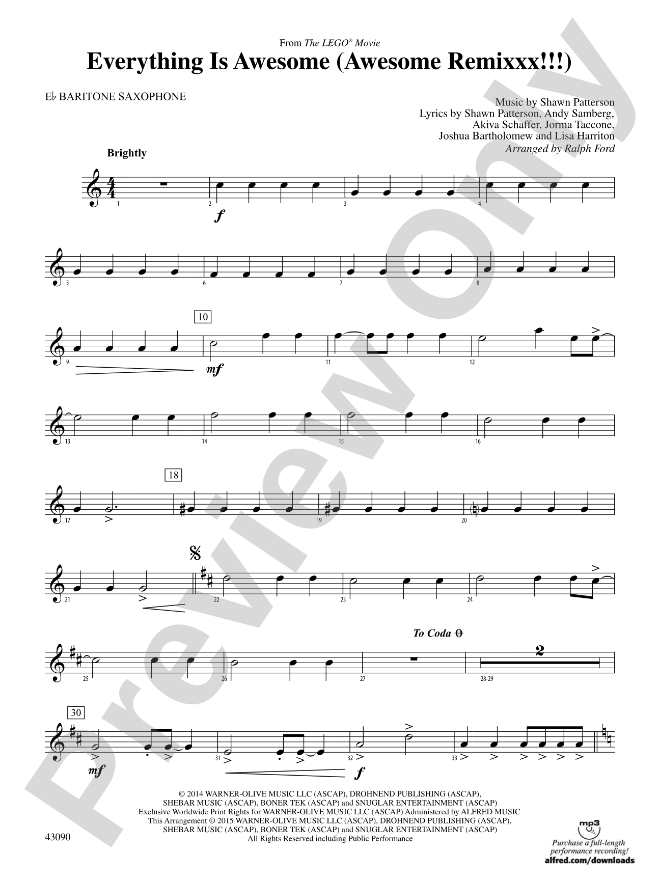 Everything Is Awesome (Awesome Remixxx!!!) (from The Lego® Movie): E-flat Baritone Saxophone