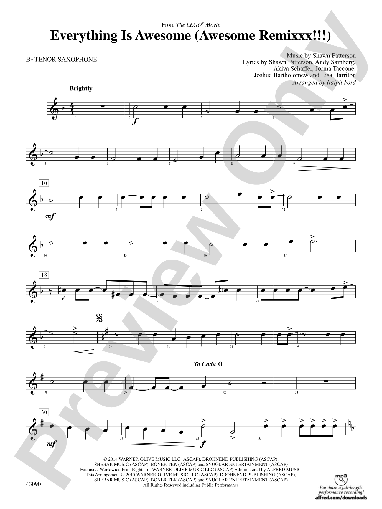 Everything Is Awesome (Awesome Remixxx!!!) (from The Lego® Movie): B-flat Tenor Saxophone