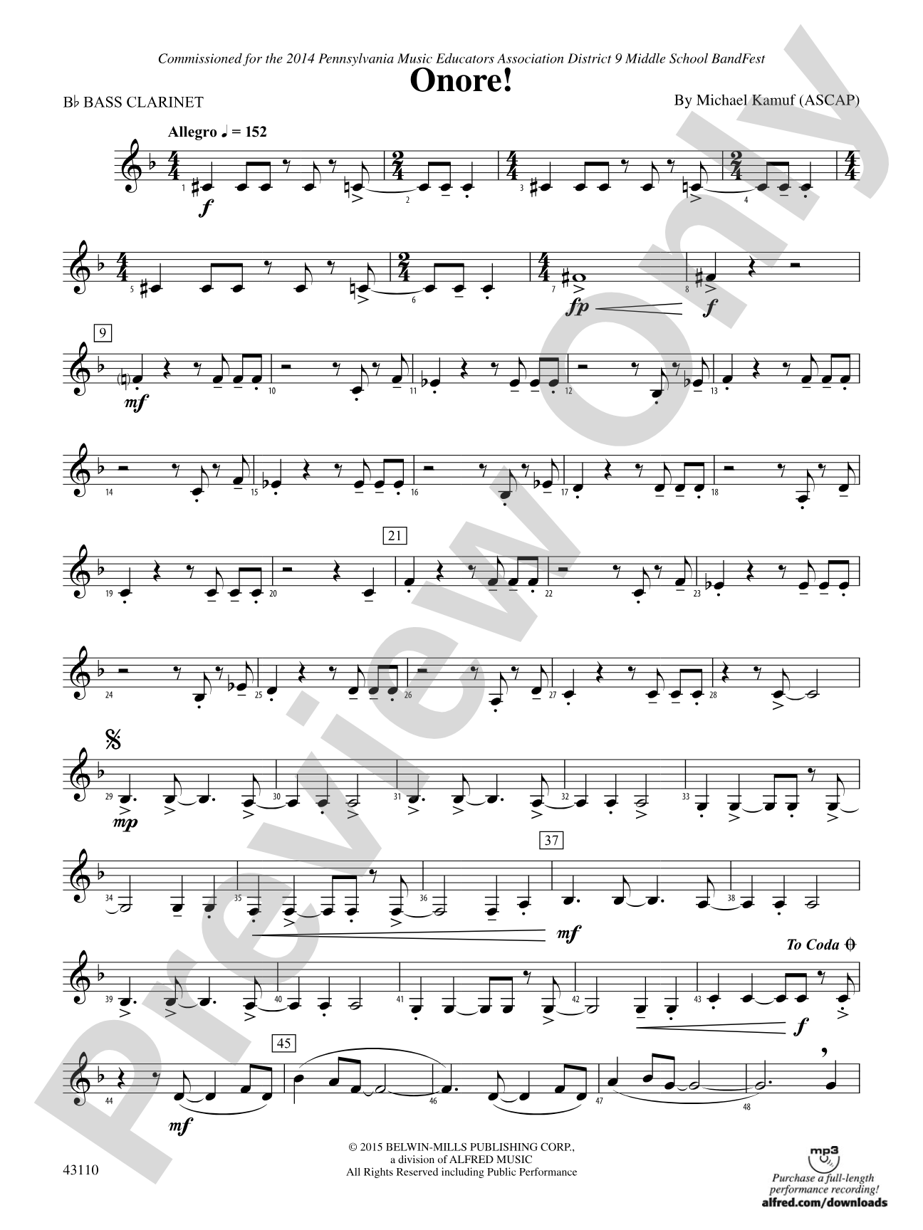 Onore!: B-flat Bass Clarinet