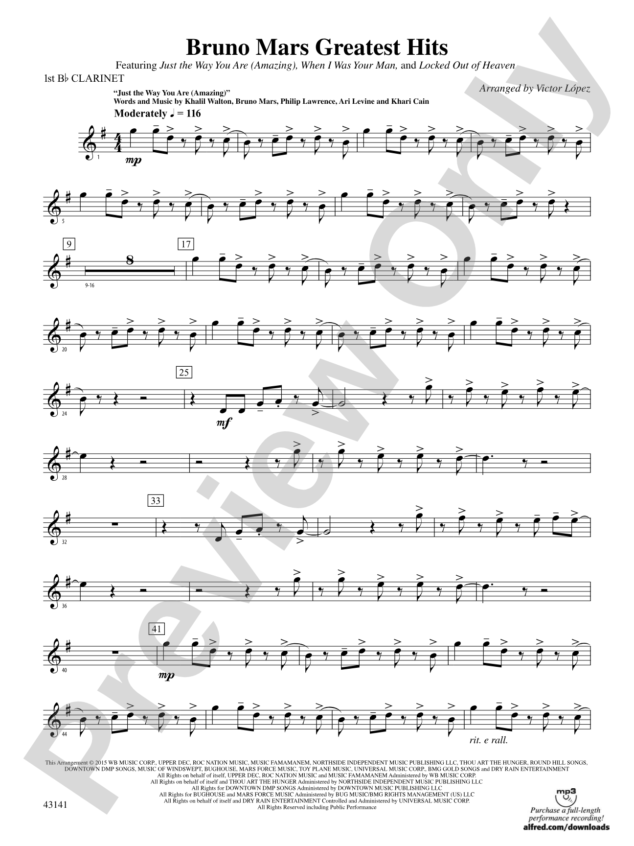 Bruno Mars Greatest Hits: 1st B-flat Clarinet