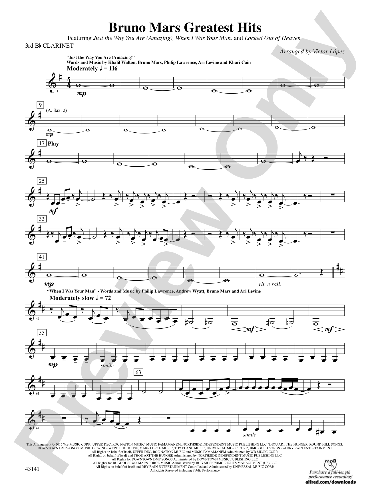 Bruno Mars Greatest Hits: 3rd B-flat Clarinet