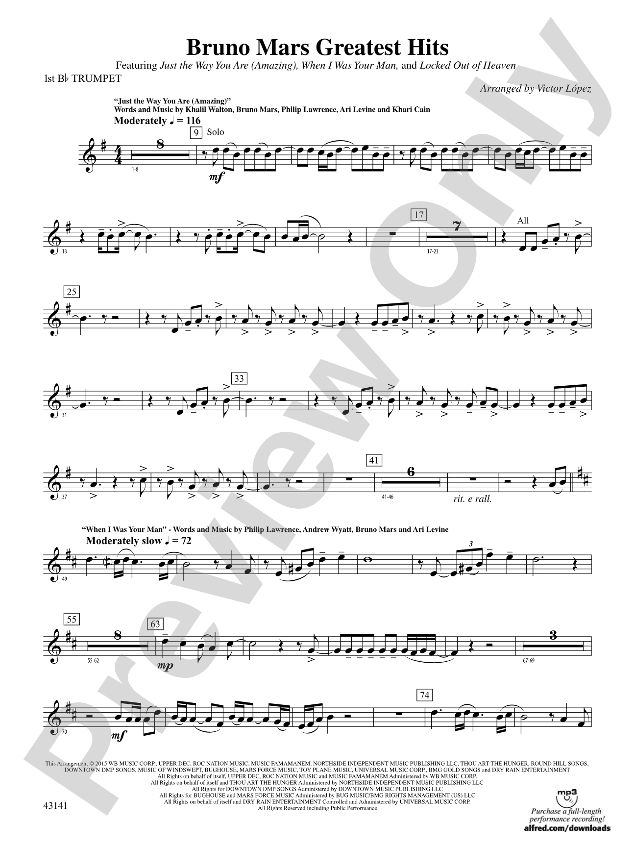 Bruno Mars Greatest Hits: 1st B-flat Trumpet