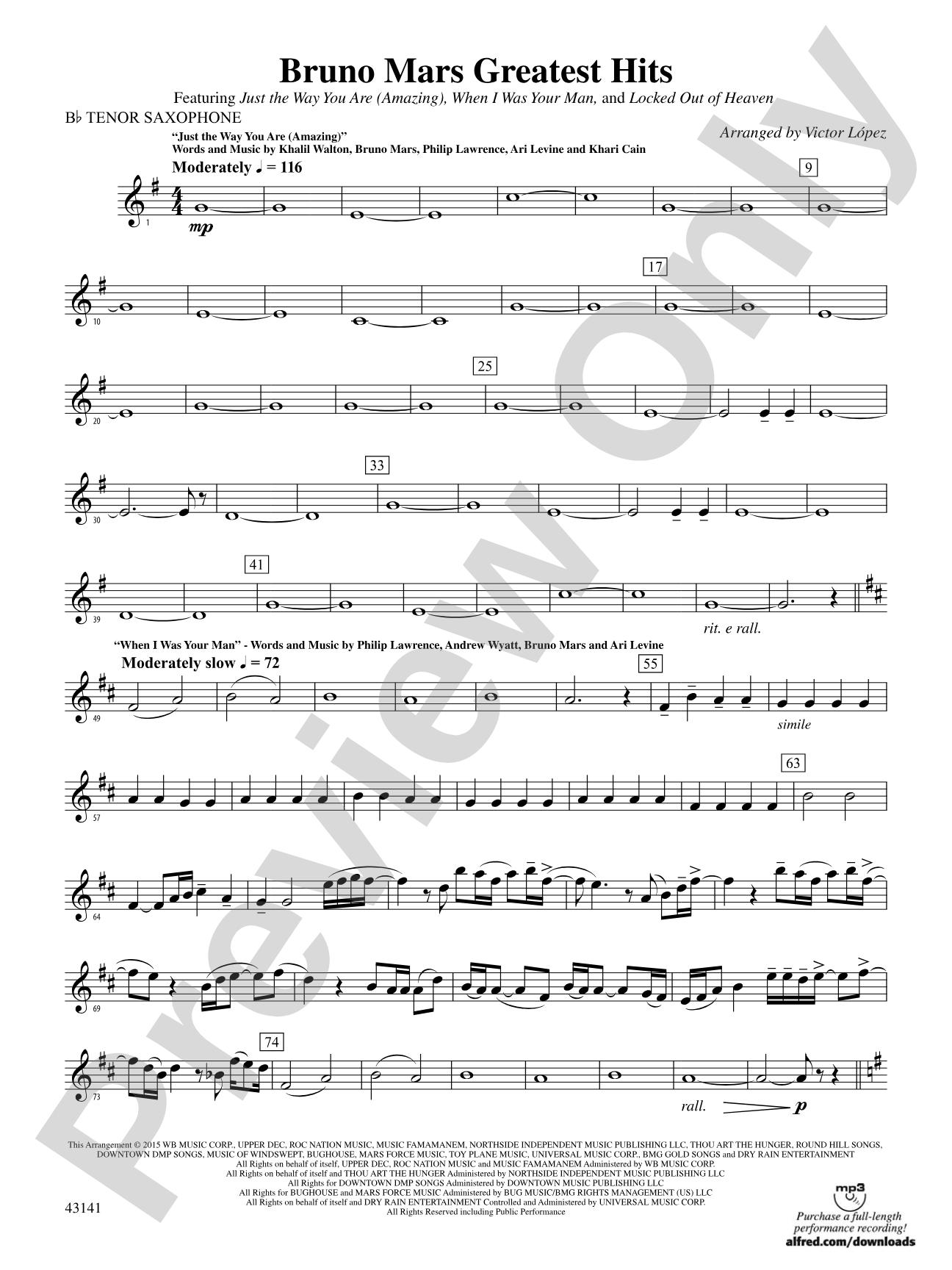 Bruno Mars Greatest Hits: B-flat Tenor Saxophone