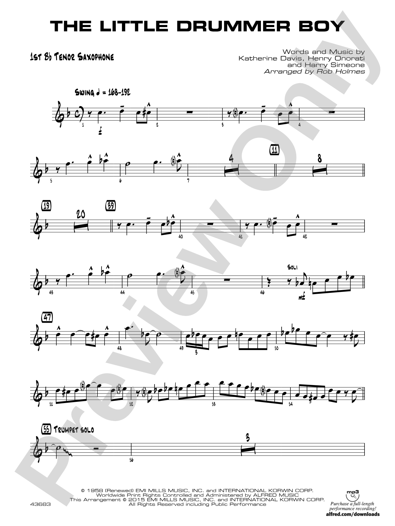 The Little Drummer Boy: B-flat Tenor Saxophone