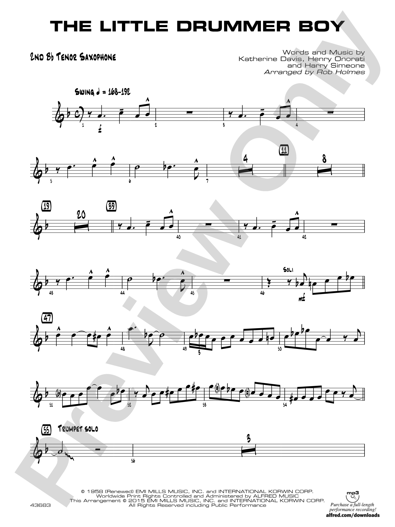 The Little Drummer Boy: 2nd B-flat Tenor Saxophone