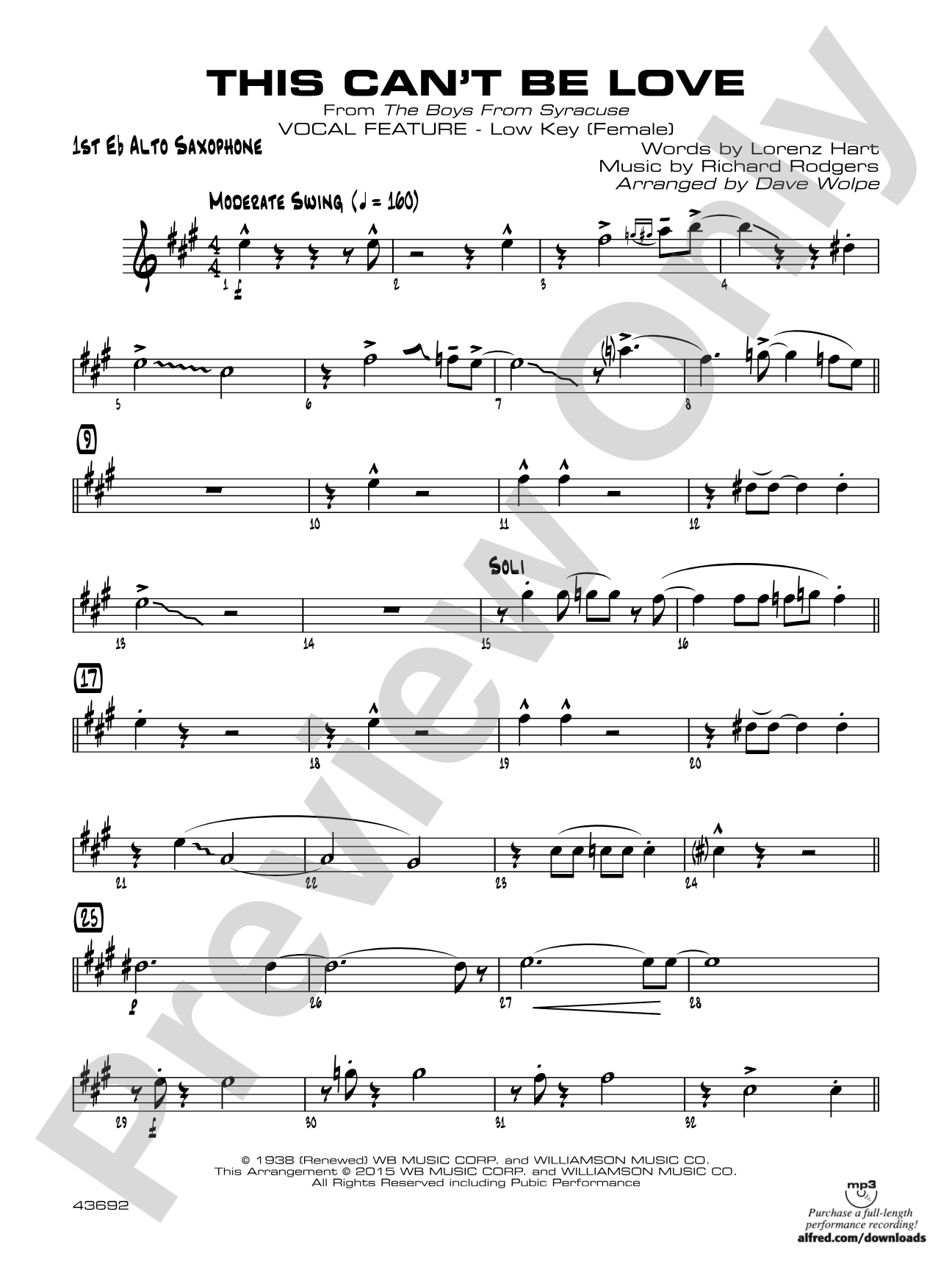 This Can't Be Love: E-flat Alto Saxophone