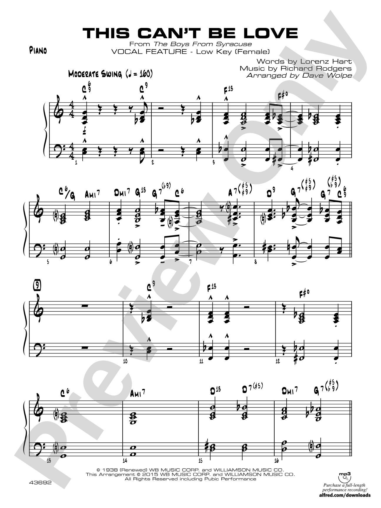 This Can't Be Love: Piano (Low Key - Female)