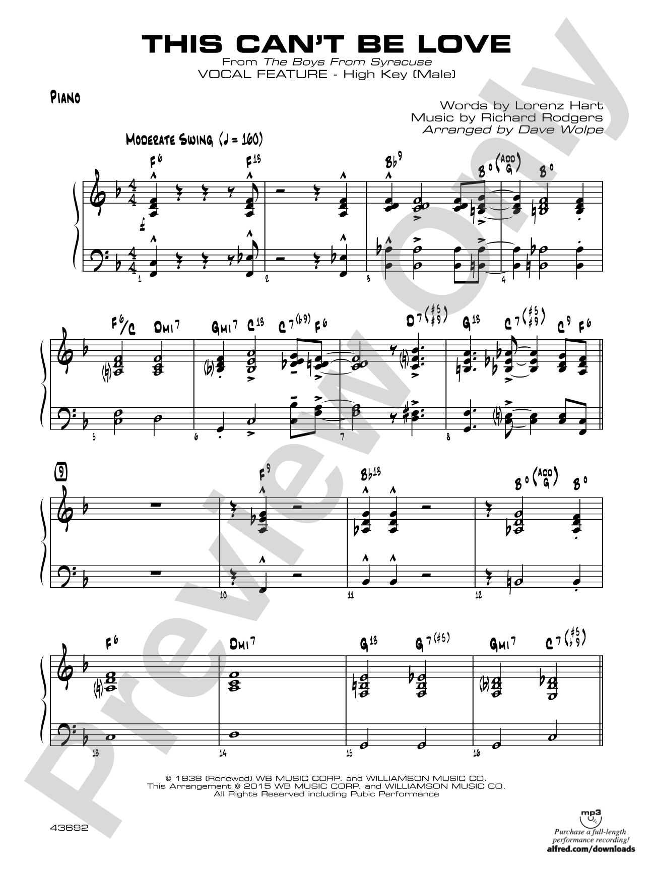This Can't Be Love: Piano (High Key - Male)