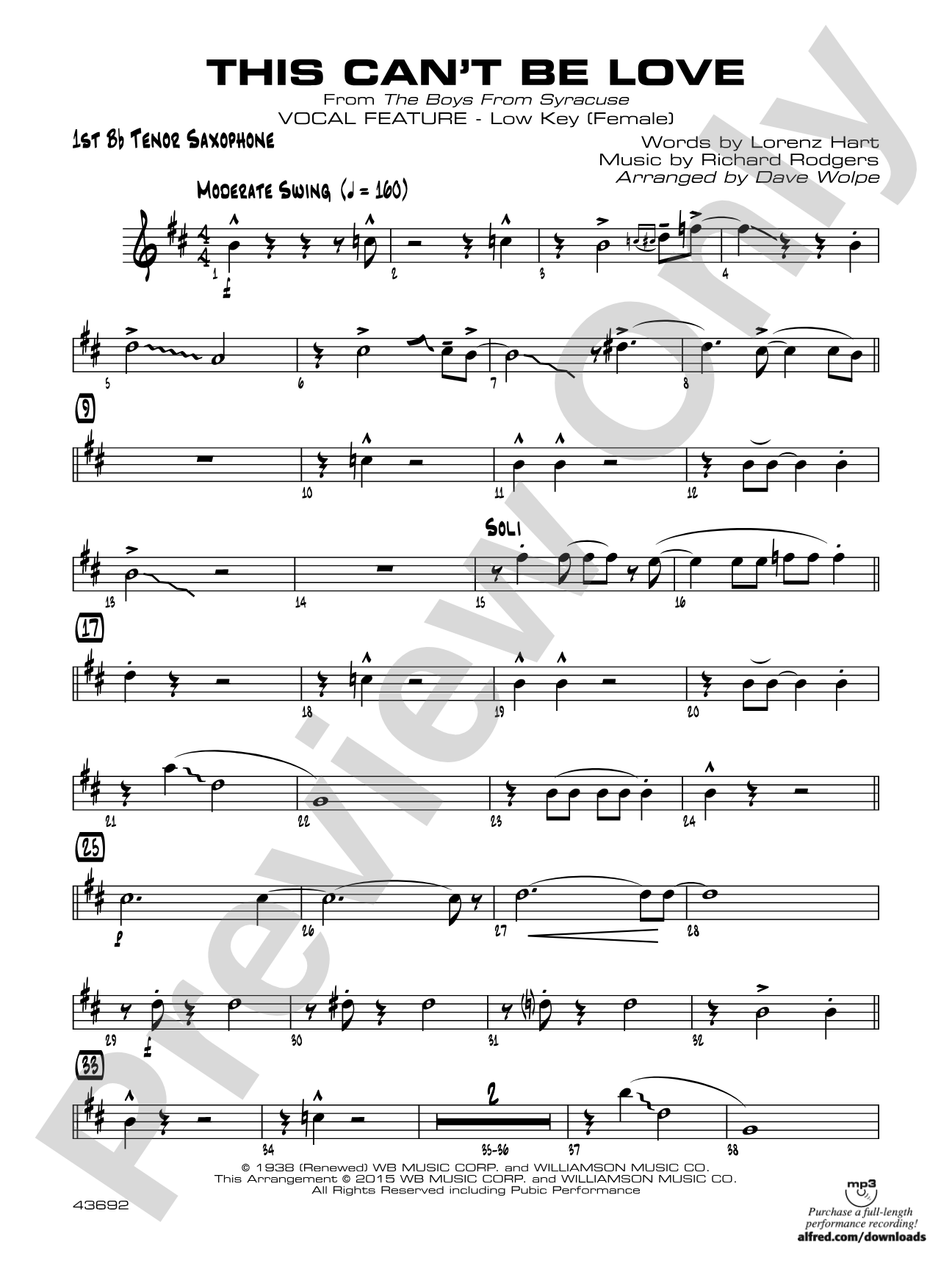 This Can't Be Love: B-flat Tenor Saxophone