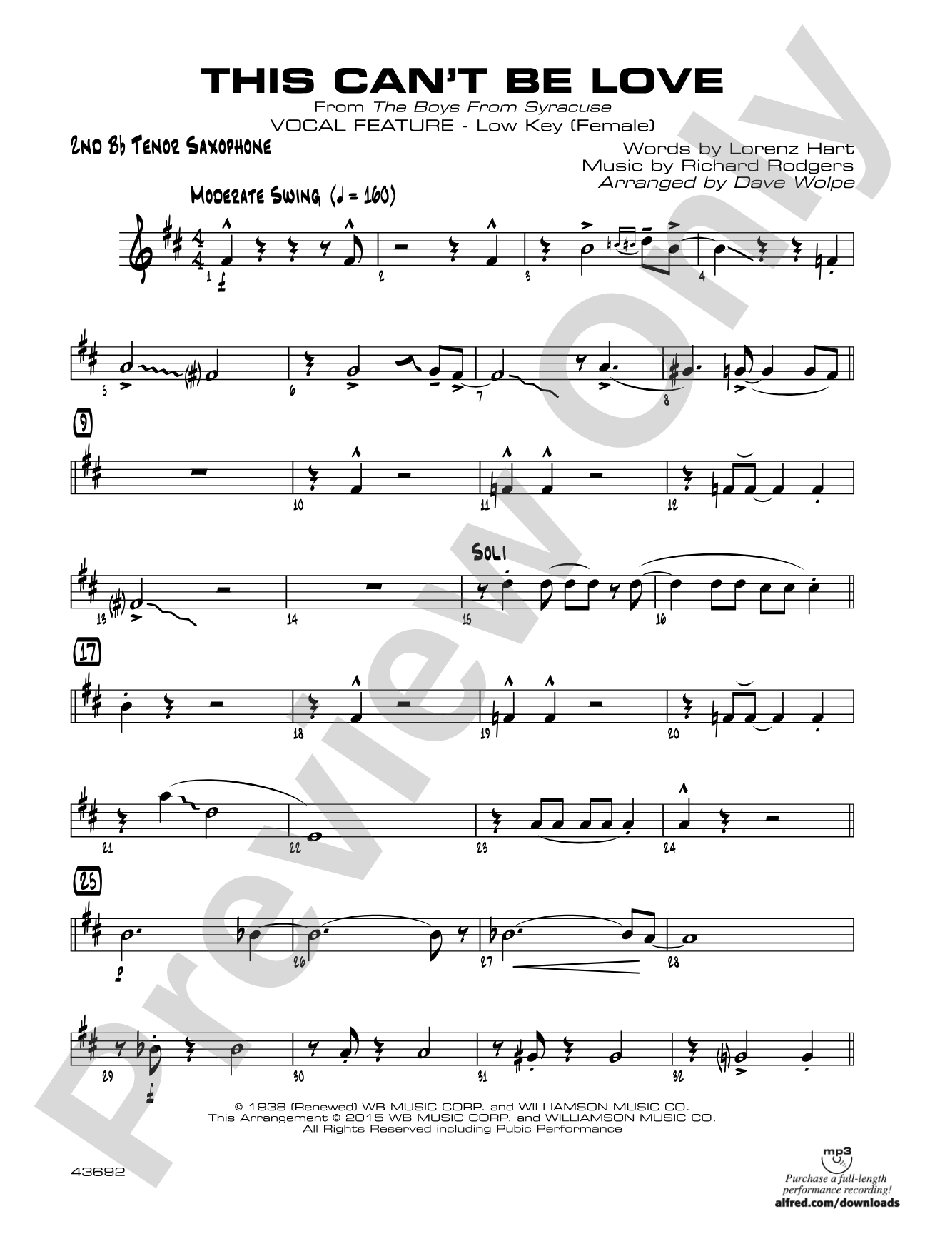 This Can't Be Love: 2nd B-flat Tenor Saxophone