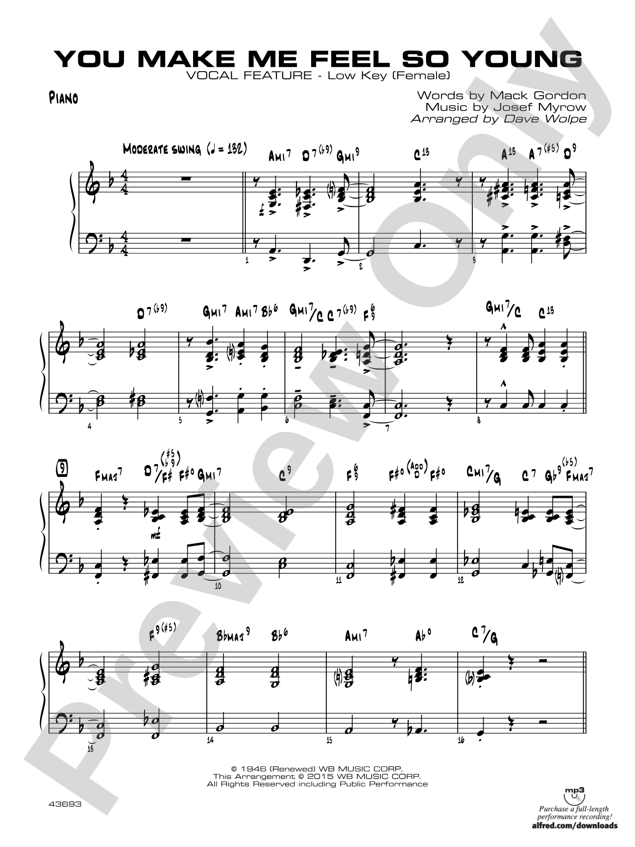 You Make Me Feel So Young: Piano (Low Key - Female)