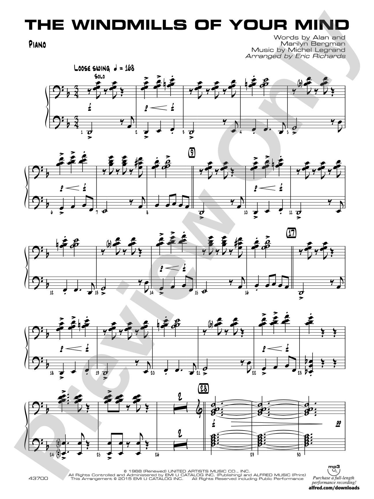 The Windmills of Your Mind: Piano Accompaniment