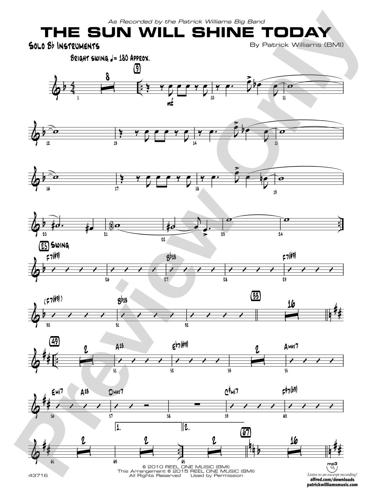 The Sun Will Shine Today: Solo Bb Part (Substitute for Vocal)