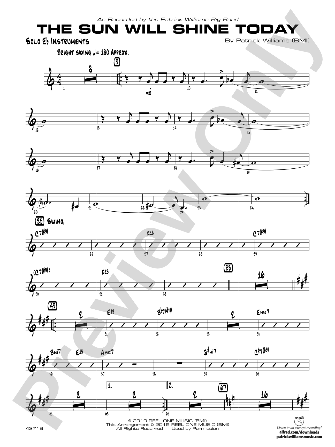 The Sun Will Shine Today: Solo Eb Part (Substitute for Vocal)