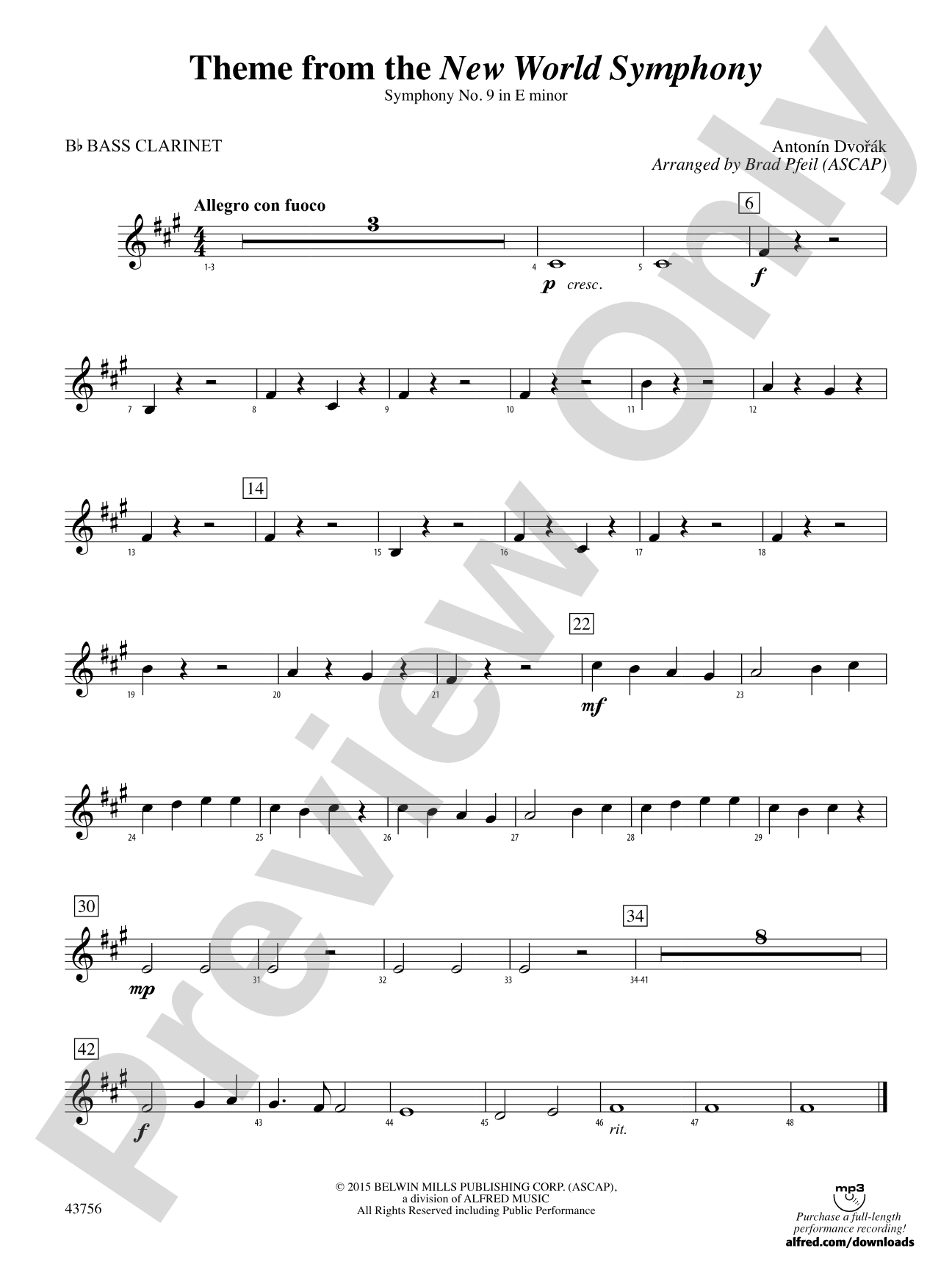 New World Symphony, Theme from the: B-flat Bass Clarinet