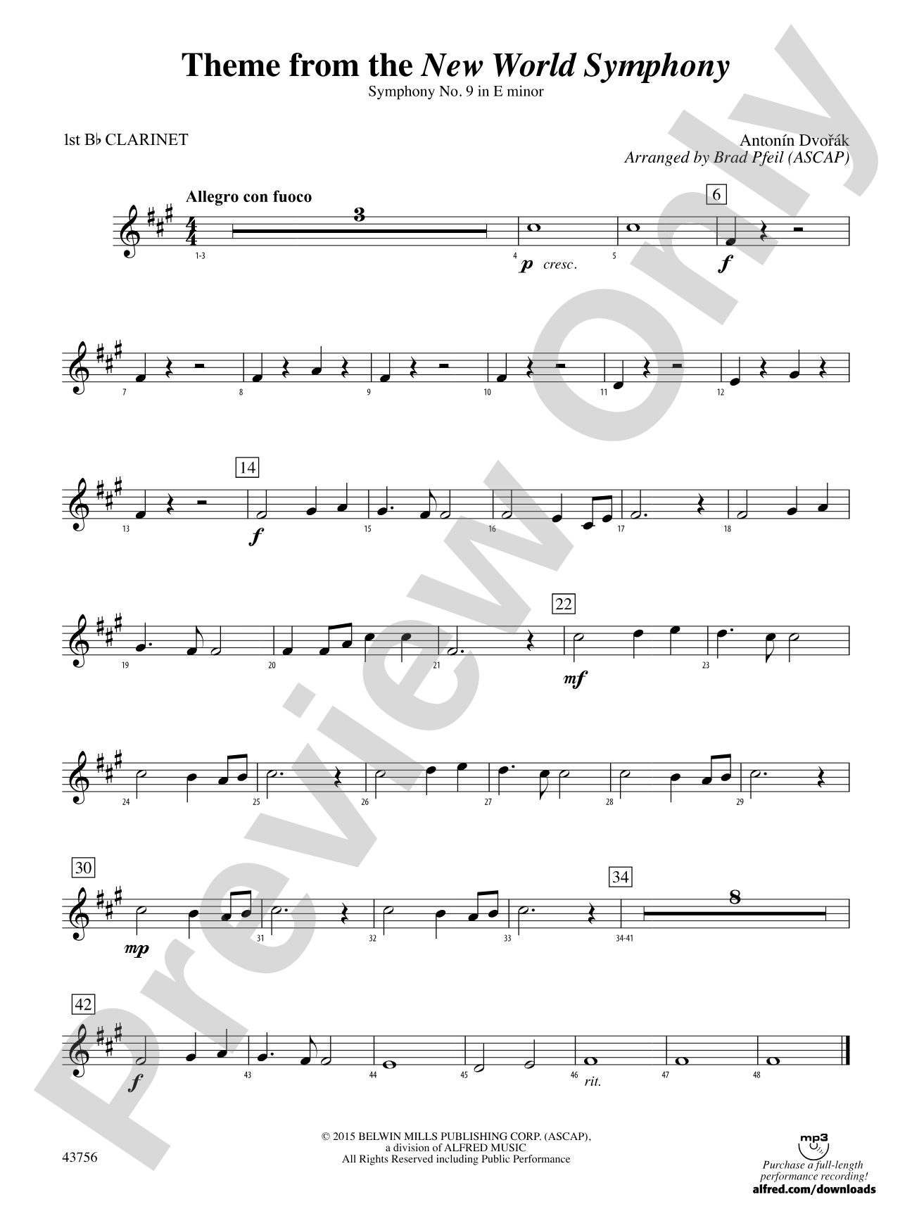 New World Symphony, Theme from the: 1st B-flat Clarinet