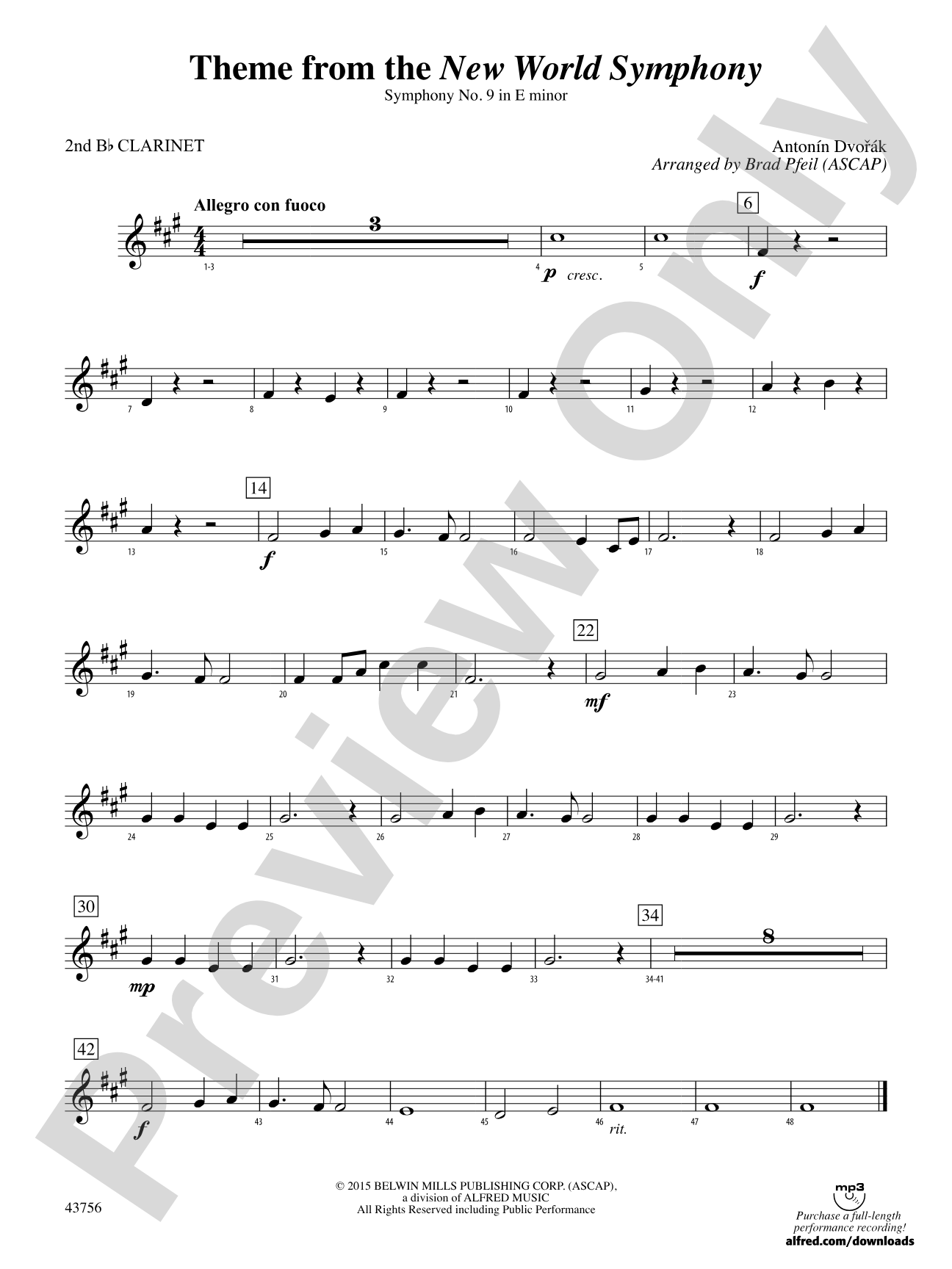 New World Symphony, Theme from the: 2nd B-flat Clarinet